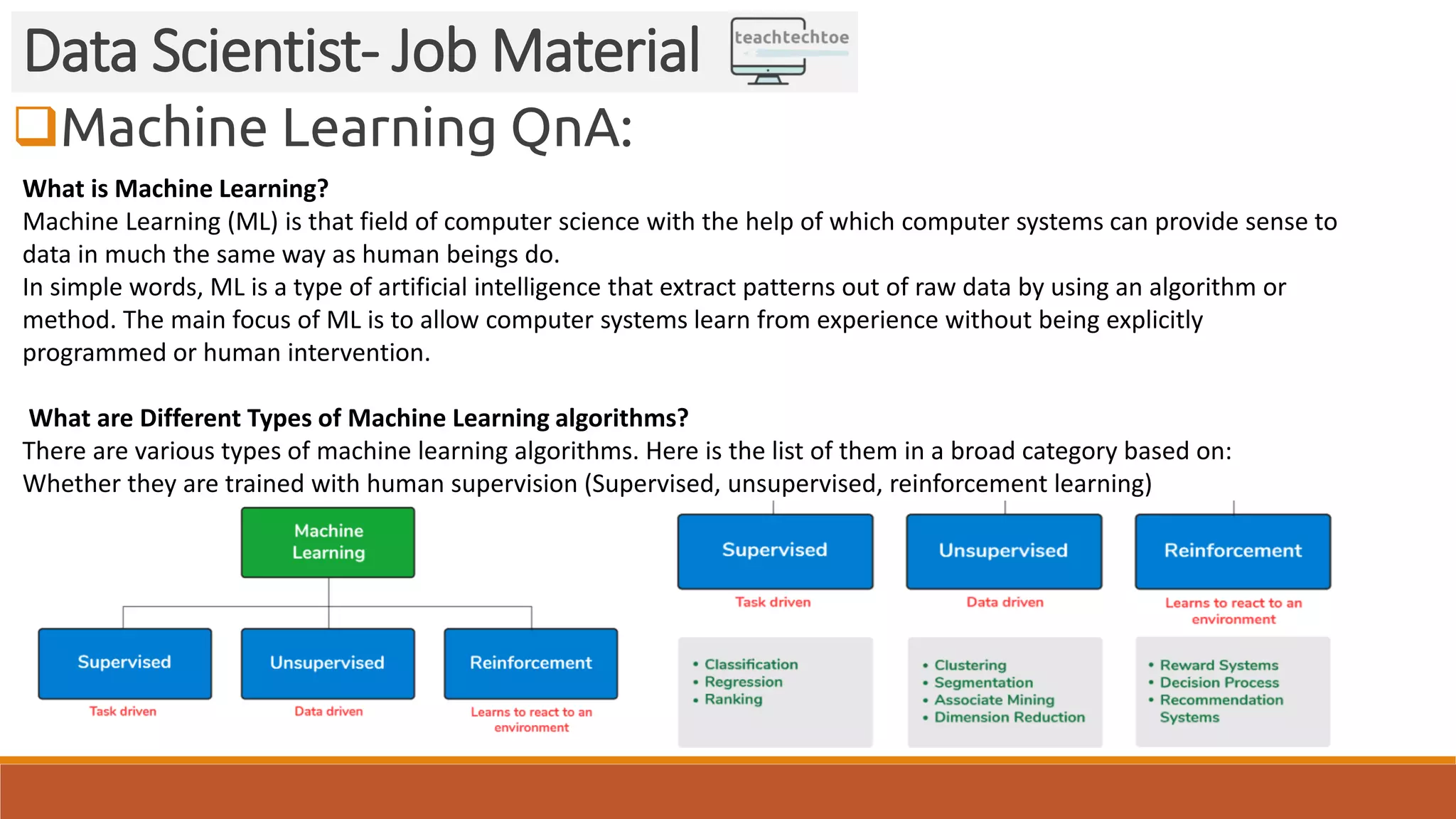 Machine Learning QnA: Data Scientist- Job Material What is Machine Learning? Machine Learning (ML) is that field of computer science with the help of which computer systems can provide sense to data in much the same way as human beings do. In simple words, ML is a type of artificial intelligence that extract patterns out of raw data by using an algorithm or method. The main focus of ML is to allow computer systems learn from experience without being explicitly programmed or human intervention. What are Different Types of Machine Learning algorithms? There are various types of machine learning algorithms. Here is the list of them in a broad category based on: Whether they are trained with human supervision (Supervised, unsupervised, reinforcement learning) 