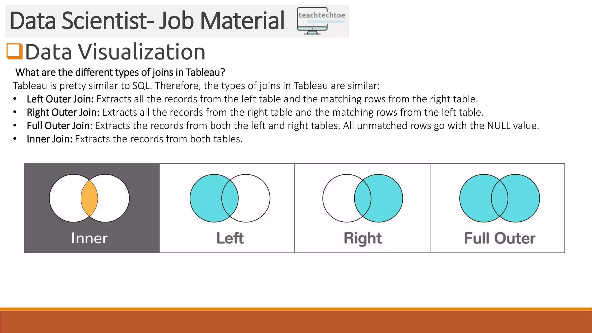 Data Visualization Data Scientist- Job Material What are the different types of joins in Tableau? Tableau is pretty similar to SQL. Therefore, the types of joins in Tableau are similar: • Left Outer Join: Extracts all the records from the left table and the matching rows from the right table. • Right Outer Join: Extracts all the records from the right table and the matching rows from the left table. • Full Outer Join: Extracts the records from both the left and right tables. All unmatched rows go with the NULL value. • Inner Join: Extracts the records from both tables. 