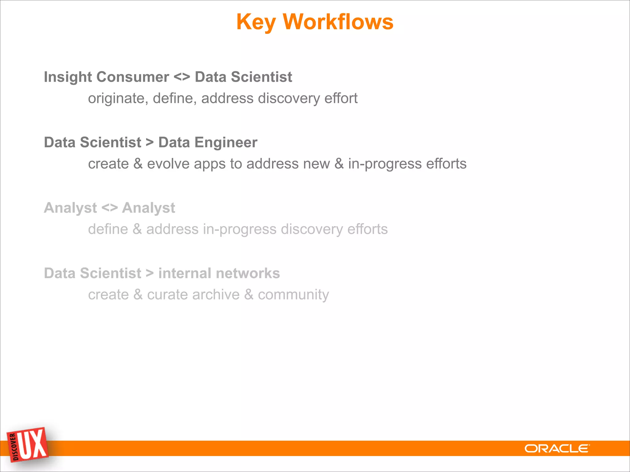 Key Workflows
Insight Consumer <> Data Scientist
originate, define, address discovery effort
!
Data Scientist > Data Engineer
create & evolve apps to address new & in-progress efforts
!
Analyst <> Analyst
define & address in-progress discovery efforts
!
Data Scientist > internal networks
create & curate archive & community
 