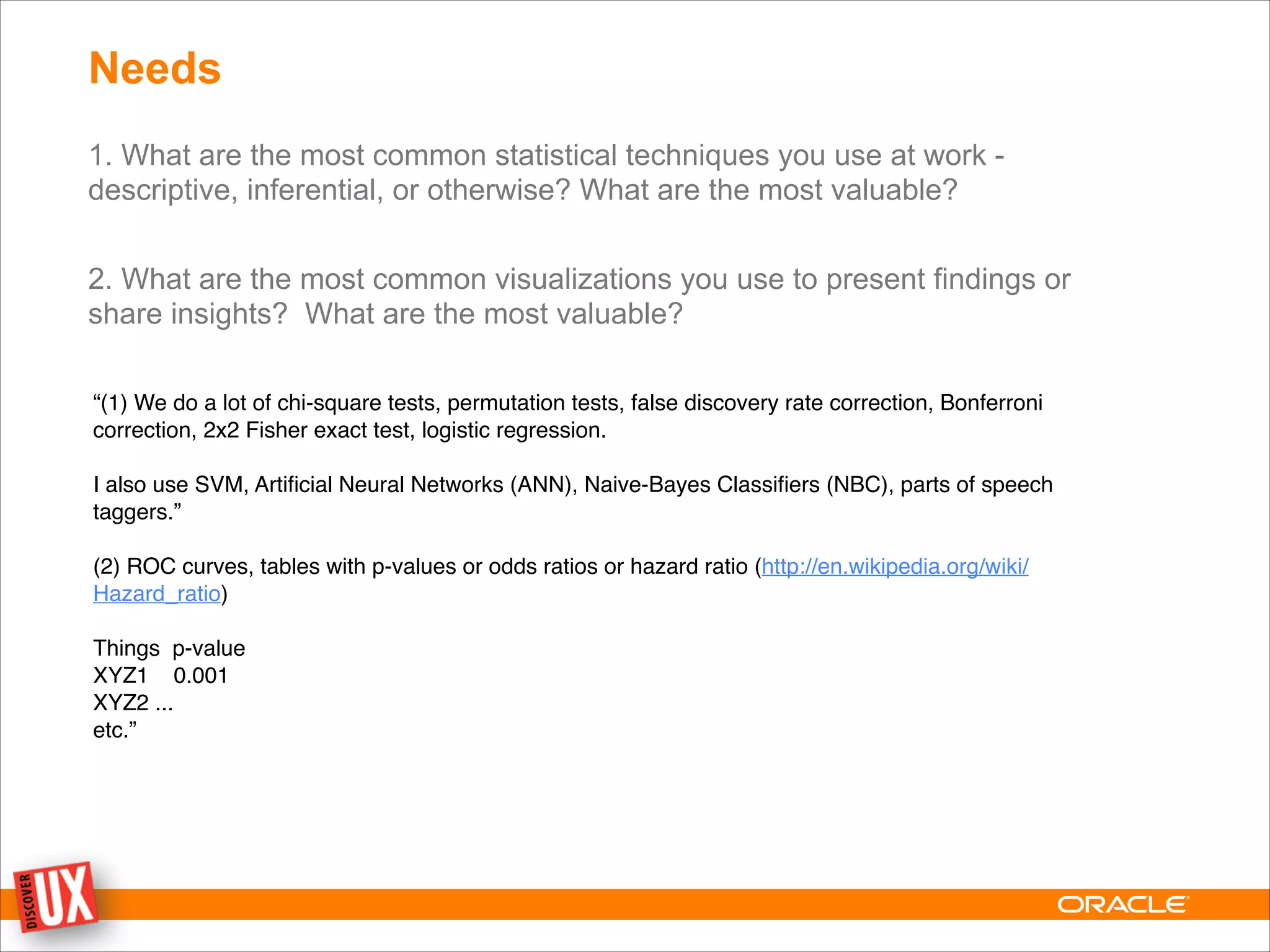Needs
1. What are the most common statistical techniques you use at work -
descriptive, inferential, or otherwise? What are the most valuable?
!
2. What are the most common visualizations you use to present findings or
share insights? What are the most valuable?
“(1) We do a lot of chi-square tests, permutation tests, false discovery rate correction, Bonferroni
correction, 2x2 Fisher exact test, logistic regression.  !
!
I also use SVM, Artiﬁcial Neural Networks (ANN), Naive-Bayes Classiﬁers (NBC), parts of speech
taggers.”!
!
(2) ROC curves, tables with p-values or odds ratios or hazard ratio (http://en.wikipedia.org/wiki/
Hazard_ratio)!
!
Things  p-value!
XYZ1    0.001!
XYZ2 ...!
etc.”
 