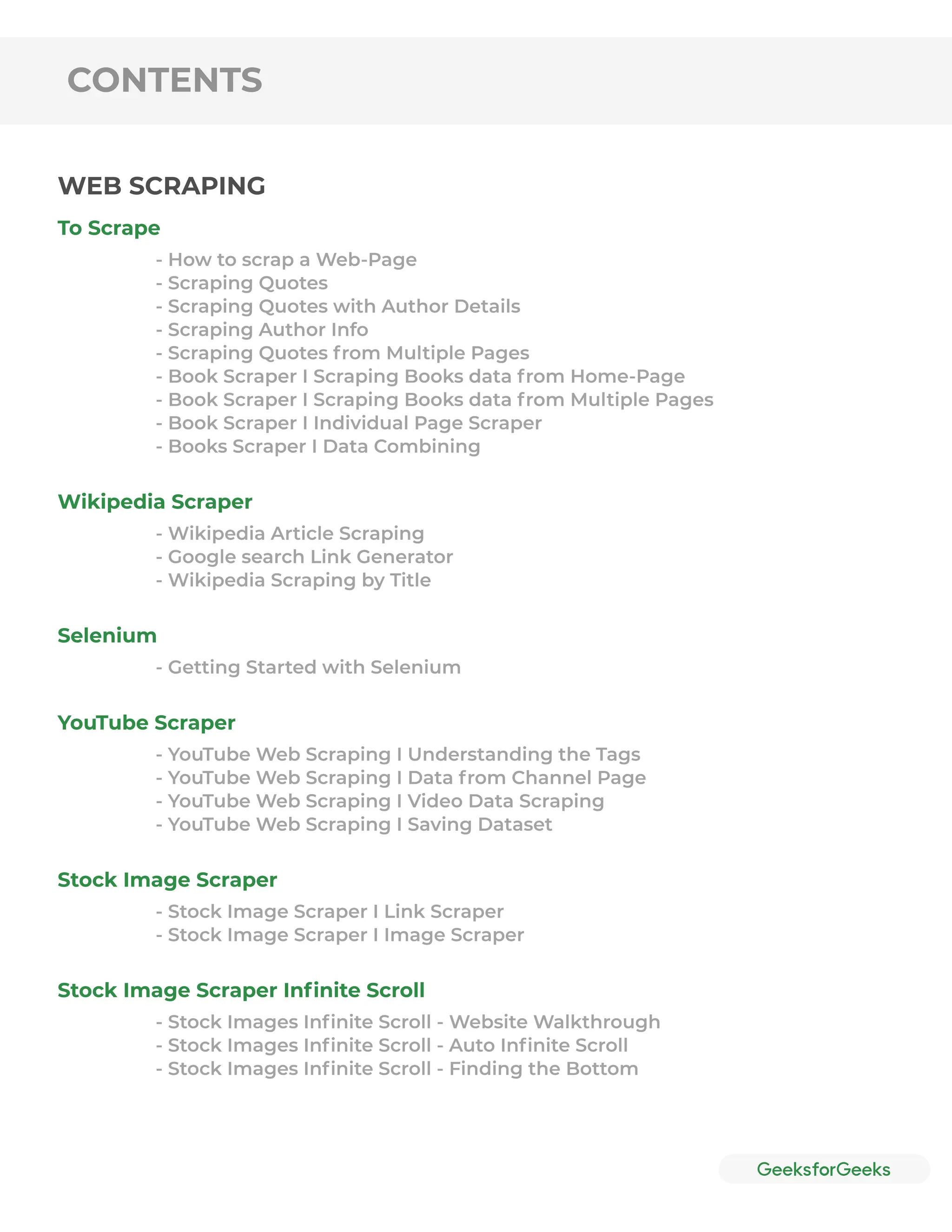 CONTENTS
To Scrape
Wikipedia Scraper
Selenium
YouTube Scraper
Stock Image Scraper
Stock Image Scraper Inﬁnite Scroll
- How to scrap a Web-Page
- Scraping Quotes
- Scraping Quotes with Author Details
- Scraping Author Info
- Scraping Quotes from Multiple Pages
- Book Scraper I Scraping Books data from Home-Page
- Book Scraper I Scraping Books data from Multiple Pages
- Book Scraper I Individual Page Scraper
- Books Scraper I Data Combining
- Wikipedia Article Scraping
- Google search Link Generator
- Wikipedia Scraping by Title
- Getting Started with Selenium
- YouTube Web Scraping I Understanding the Tags
- YouTube Web Scraping I Data from Channel Page
- YouTube Web Scraping I Video Data Scraping
- YouTube Web Scraping I Saving Dataset
- Stock Image Scraper I Link Scraper
- Stock Image Scraper I Image Scraper
- Stock Images Inﬁnite Scroll - Website Walkthrough
- Stock Images Inﬁnite Scroll - Auto Inﬁnite Scroll
- Stock Images Inﬁnite Scroll - Finding the Bottom
WEB SCRAPING
 