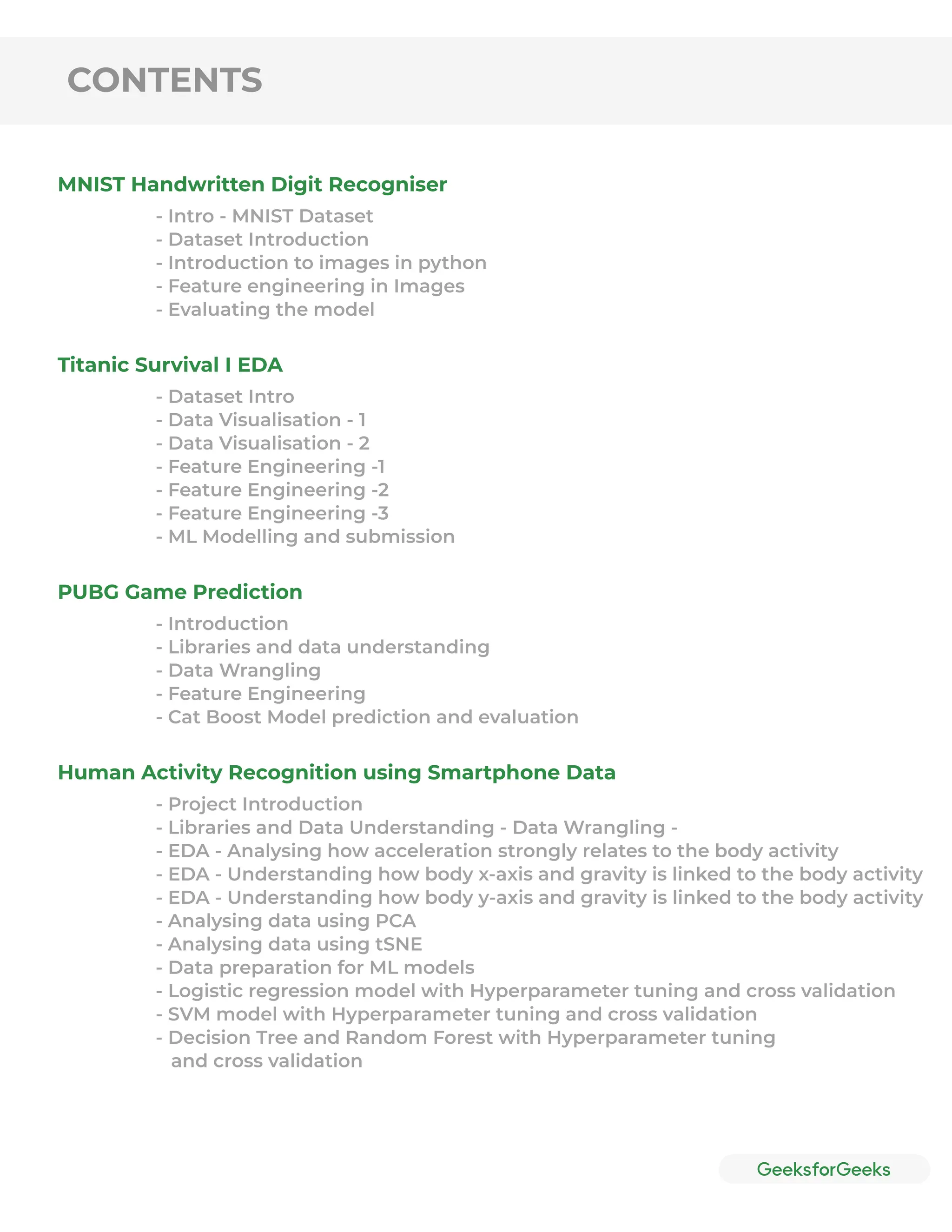 CONTENTS
MNIST Handwritten Digit Recogniser
Titanic Survival I EDA
PUBG Game Prediction
Human Activity Recognition using Smartphone Data
- Intro - MNIST Dataset
- Dataset Introduction
- Introduction to images in python
- Feature engineering in Images
- Evaluating the model
- Dataset Intro
- Data Visualisation - 1
- Data Visualisation - 2
- Feature Engineering -1
- Feature Engineering -2
- Feature Engineering -3
- ML Modelling and submission
- Introduction
- Libraries and data understanding
- Data Wrangling
- Feature Engineering
- Cat Boost Model prediction and evaluation
- Project Introduction
- Libraries and Data Understanding - Data Wrangling -
- EDA - Analysing how acceleration strongly relates to the body activity
- EDA - Understanding how body x-axis and gravity is linked to the body activity
- EDA - Understanding how body y-axis and gravity is linked to the body activity
- Analysing data using PCA
- Analysing data using tSNE
- Data preparation for ML models
- Logistic regression model with Hyperparameter tuning and cross validation
- SVM model with Hyperparameter tuning and cross validation
- Decision Tree and Random Forest with Hyperparameter tuning
and cross validation
 