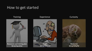 How to get started
Training Experience Curiosity
Resources and training plan
bit.ly/1qcvHrw
Kaggle
bit.ly/1l9yjm9
Resources
bit.ly/1X5yFbI
 