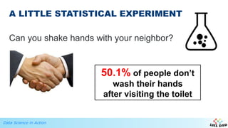 Data Science in Action
Can you shake hands with your neighbor?
A LITTLE STATISTICAL EXPERIMENT
50.1% of people don’t
wash their hands
after visiting the toilet
 