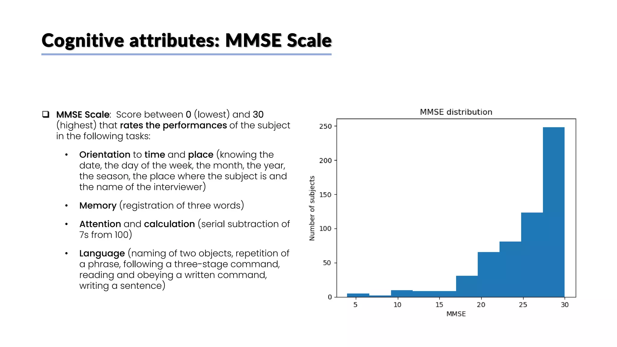 Cognitive attributes: MMSE Scale
❑ MMSE Scale: Score between 0 (lowest) and 30
(highest) that rates the performances of the subject
in the following tasks:
• Orientation to time and place (knowing the
date, the day of the week, the month, the year,
the season, the place where the subject is and
the name of the interviewer)
• Memory (registration of three words)
• Attention and calculation (serial subtraction of
7s from 100)
• Language (naming of two objects, repetition of
a phrase, following a three-stage command,
reading and obeying a written command,
writing a sentence)
 