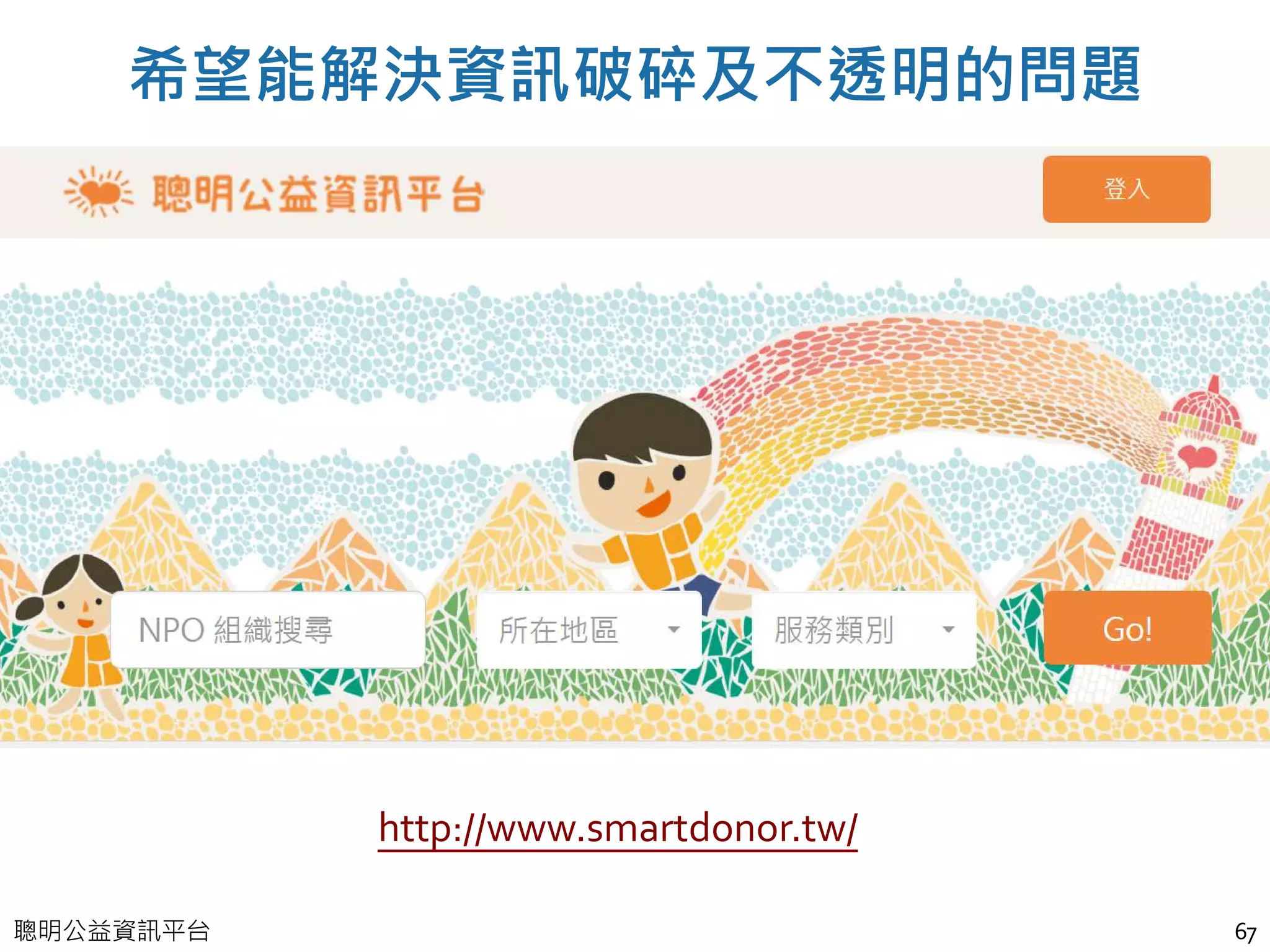聰明公益資訊平台
希望能解決資訊破碎及不透明的問題
67
http://www.smartdonor.tw/
 