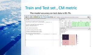 Train and Test set , CM metric
The model accuracy on test data is 85.7%.
 