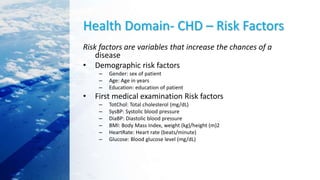 Health Domain- CHD – Risk Factors
Risk factors are variables that increase the chances of a
disease
• Demographic risk factors
– Gender: sex of patient
– Age: Age in years
– Education: education of patient
• First medical examination Risk factors
– TotChol: Total cholesterol (mg/dL)
– SysBP: Systolic blood pressure
– DiaBP: Diastolic blood pressure
– BMI: Body Mass Index, weight (kg)/height (m)2
– HeartRate: Heart rate (beats/minute)
– Glucose: Blood glucose level (mg/dL)
 