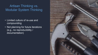 Artisan Thinking vs.
Modular System Thinking
• Limited culture of re-use and
compounding
• Not planning for future iterations
(e.g., no reproducibility /
documentation)
 