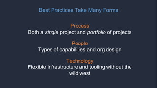 Best Practices Take Many Forms
Process
Both a single project and portfolio of projects
People
Types of capabilities and org design
Technology
Flexible infrastructure and tooling without the
wild west
 