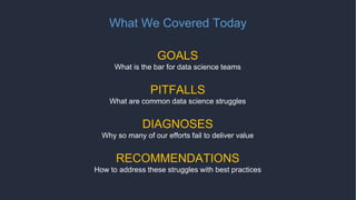 What We Covered Today
GOALS
What is the bar for data science teams
PITFALLS
What are common data science struggles
DIAGNOSES
Why so many of our efforts fail to deliver value
RECOMMENDATIONS
How to address these struggles with best practices
 