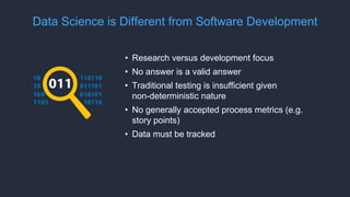 Data Science is Different from Software Development
• Research versus development focus
• No answer is a valid answer
• Traditional testing is insufficient given
non-deterministic nature
• No generally accepted process metrics (e.g.
story points)
• Data must be tracked
 