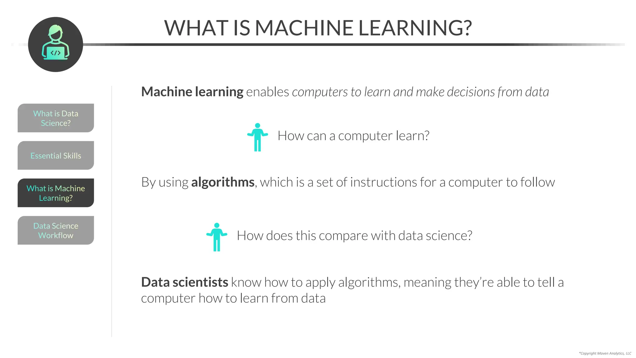 WHAT IS MACHINE LEARNING?
*Copyright Maven Analytics, LLC
How can a computer learn?
By using algorithms, which is a set of instructions for a computer to follow
Machine learning enables computers to learn and make decisions from data
How does this compare with data science?
Data scientists know how to apply algorithms, meaning they’re able to tell a
computer how to learn from data
What is Data
Science?
Essential Skills
Data Science
Workflow
What is Machine
Learning?
 