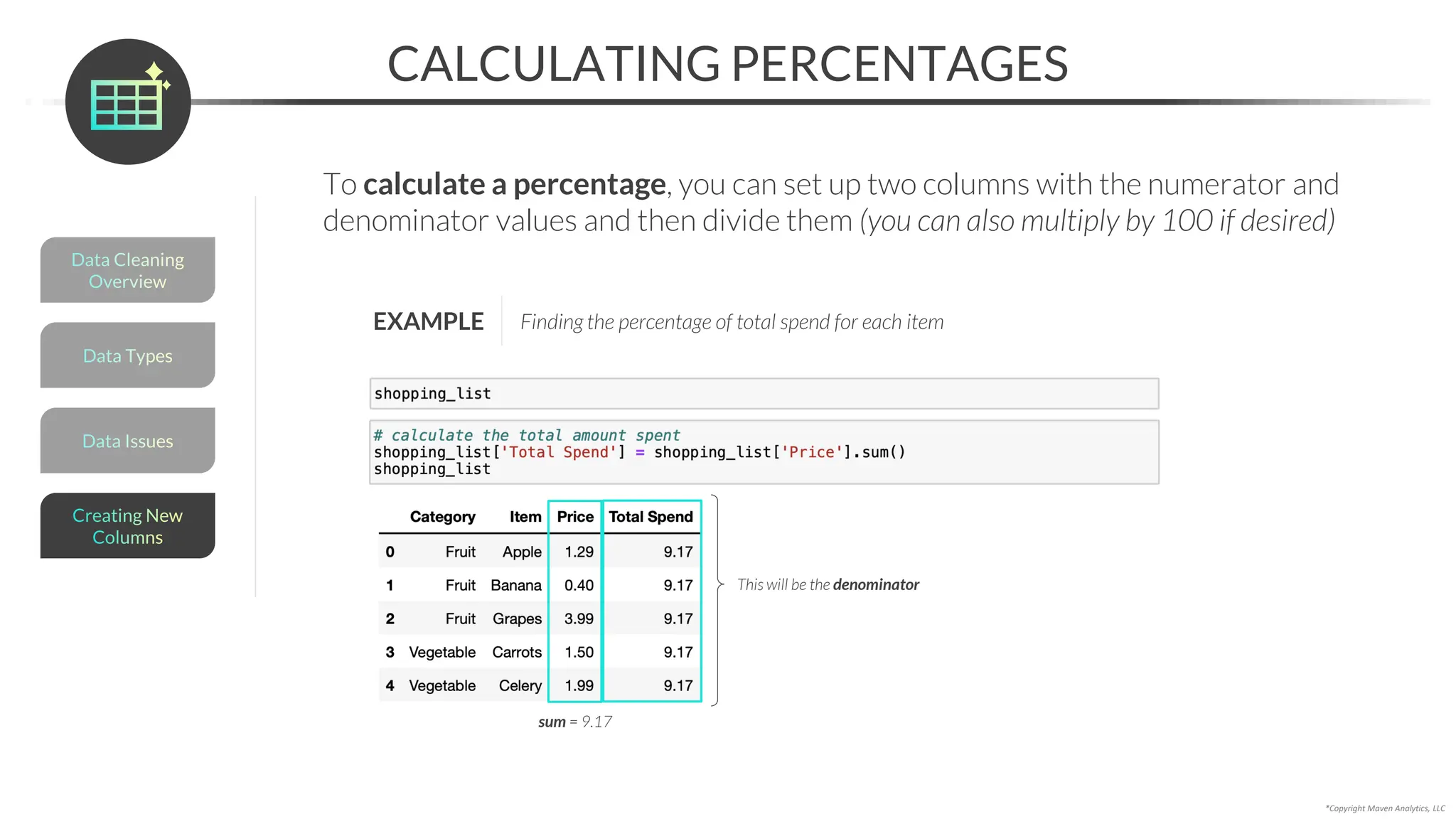 *Copyright Maven Analytics, LLC
To calculate a percentage, you can set up two columns with the numerator and
denominator values and then divide them (you can also multiply by 100 if desired)
CALCULATING PERCENTAGES
Data Issues
Data Types
Data Cleaning
Overview
Creating New
Columns
EXAMPLE Finding the percentage of total spend for each item
This will be the denominator
sum = 9.17
 