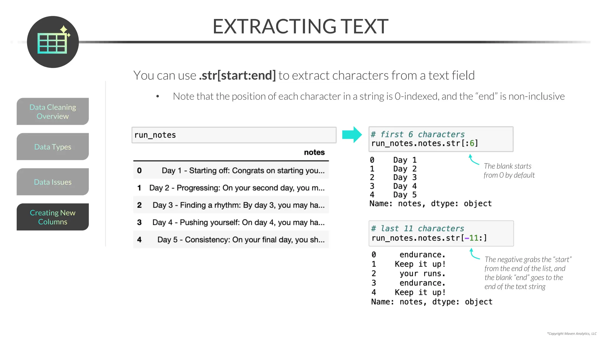 You can use .str[start:end] to extract characters from a text field
• Note that the position of each character in a string is 0-indexed, and the “end” is non-inclusive
EXTRACTING TEXT
Data Issues
Data Types
Data Cleaning
Overview
Creating New
Columns
*Copyright Maven Analytics, LLC
The negative grabs the “start”
from the end of the list, and
the blank “end” goes to the
end of the text string
The blank starts
from 0 by default
 