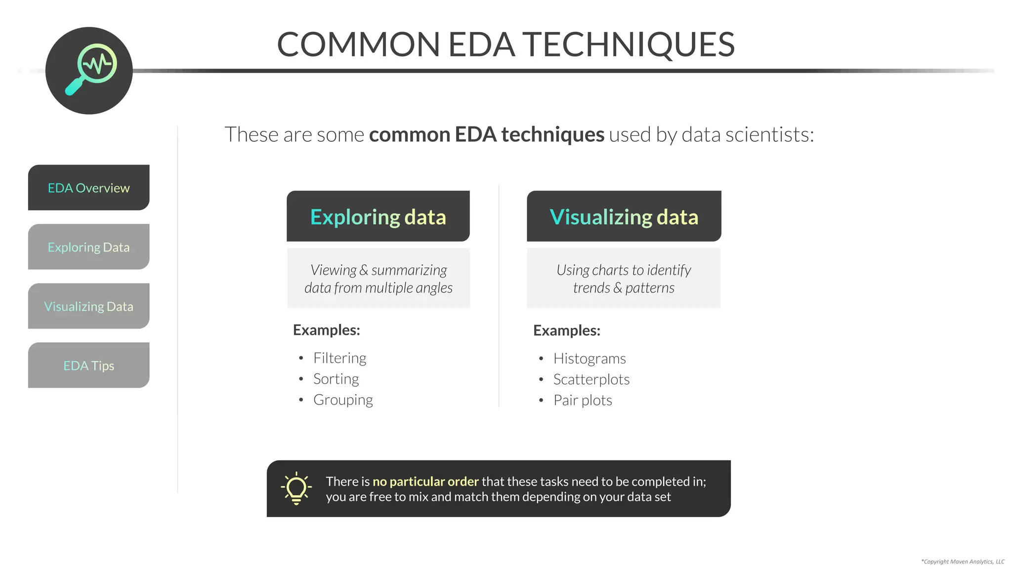 Exploring data
Viewing & summarizing
data from multiple angles
Examples:
• Filtering
• Sorting
• Grouping
Visualizing data
Using charts to identify
trends & patterns
Examples:
• Histograms
• Scatterplots
• Pair plots
*Copyright Maven Analytics, LLC
COMMON EDA TECHNIQUES
These are some common EDA techniques used by data scientists:
There is no particular order that these tasks need to be completed in;
you are free to mix and match them depending on your data set
Visualizing Data
Exploring Data
EDA Tips
EDA Overview
 