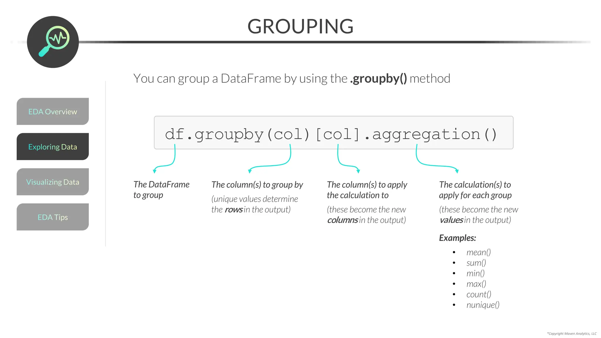 *Copyright Maven Analytics, LLC
GROUPING
You can group a DataFrame by using the .groupby() method
df.groupby(col)[col].aggregation()
The DataFrame
to group
The column(s) to group by
(unique values determine
the rowsin the output)
The column(s) to apply
the calculation to
(these become the new
columnsin the output)
The calculation(s) to
apply for each group
(these become the new
valuesin the output)
Examples:
• mean()
• sum()
• min()
• max()
• count()
• nunique()
EDA Overview
Visualizing Data
EDA Tips
Exploring Data
 