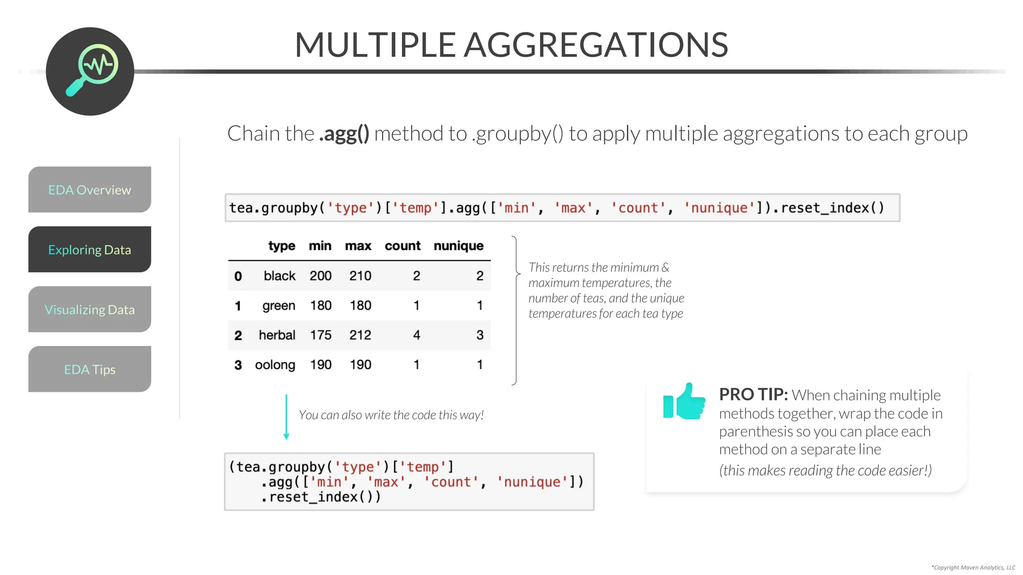 *Copyright Maven Analytics, LLC
MULTIPLE AGGREGATIONS
Chain the .agg() method to .groupby() to apply multiple aggregations to each group
This returns the minimum &
maximum temperatures, the
number of teas, and the unique
temperatures for each tea type
You can also write the code this way!
PRO TIP: When chaining multiple
methods together, wrap the code in
parenthesis so you can place each
method on a separate line
(this makes reading the code easier!)
EDA Overview
Visualizing Data
EDA Tips
Exploring Data
 