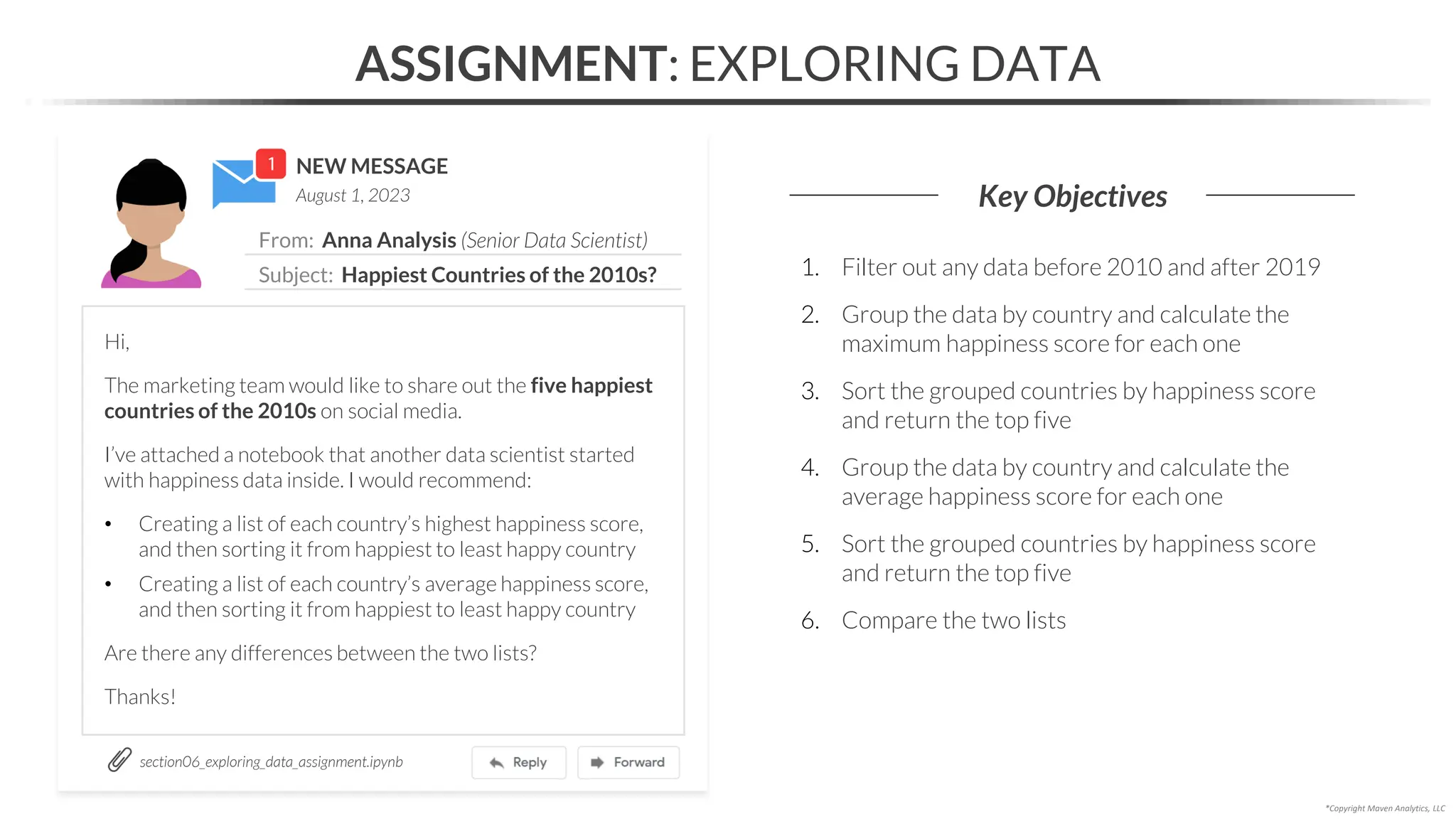 NEW MESSAGE
From: Anna Analysis (Senior Data Scientist)
Subject: Happiest Countries of the 2010s?
August 1, 2023
ASSIGNMENT: EXPLORING DATA
Key Objectives
section06_exploring_data_assignment.ipynb
*Copyright Maven Analytics, LLC
Hi,
The marketing team would like to share out the five happiest
countries of the 2010s on social media.
I’ve attached a notebook that another data scientist started
with happiness data inside. I would recommend:
• Creating a list of each country’s highest happiness score,
and then sorting it from happiest to least happy country
• Creating a list of each country’s average happiness score,
and then sorting it from happiest to least happy country
Are there any differences between the two lists?
Thanks!
1. Filter out any data before 2010 and after 2019
2. Group the data by country and calculate the
maximum happiness score for each one
3. Sort the grouped countries by happiness score
and return the top five
4. Group the data by country and calculate the
average happiness score for each one
5. Sort the grouped countries by happiness score
and return the top five
6. Compare the two lists
 