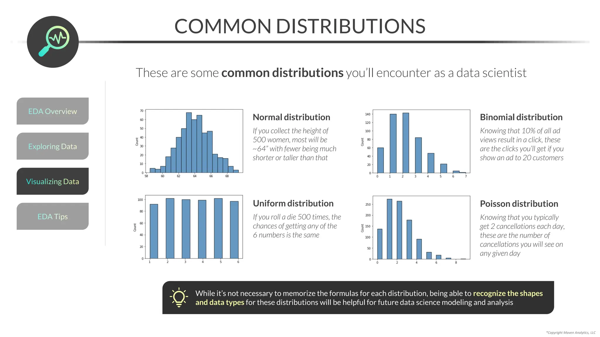 *Copyright Maven Analytics, LLC
COMMON DISTRIBUTIONS
These are some common distributions you’ll encounter as a data scientist
Uniform distribution
If you roll a die 500 times, the
chances of getting any of the
6 numbers is the same
Binomial distribution
Knowing that 10% of all ad
views result in a click, these
are the clicks you’ll get if you
show an ad to 20 customers
Poisson distribution
Knowing that you typically
get 2 cancellations each day,
these are the number of
cancellations you will see on
any given day
Normal distribution
If you collect the height of
500 women, most will be
~64” with fewer being much
shorter or taller than that
While it’s not necessary to memorize the formulas for each distribution, being able to recognize the shapes
and data types for these distributions will be helpful for future data science modeling and analysis
Exploring Data
EDA Overview
EDA Tips
Visualizing Data
 