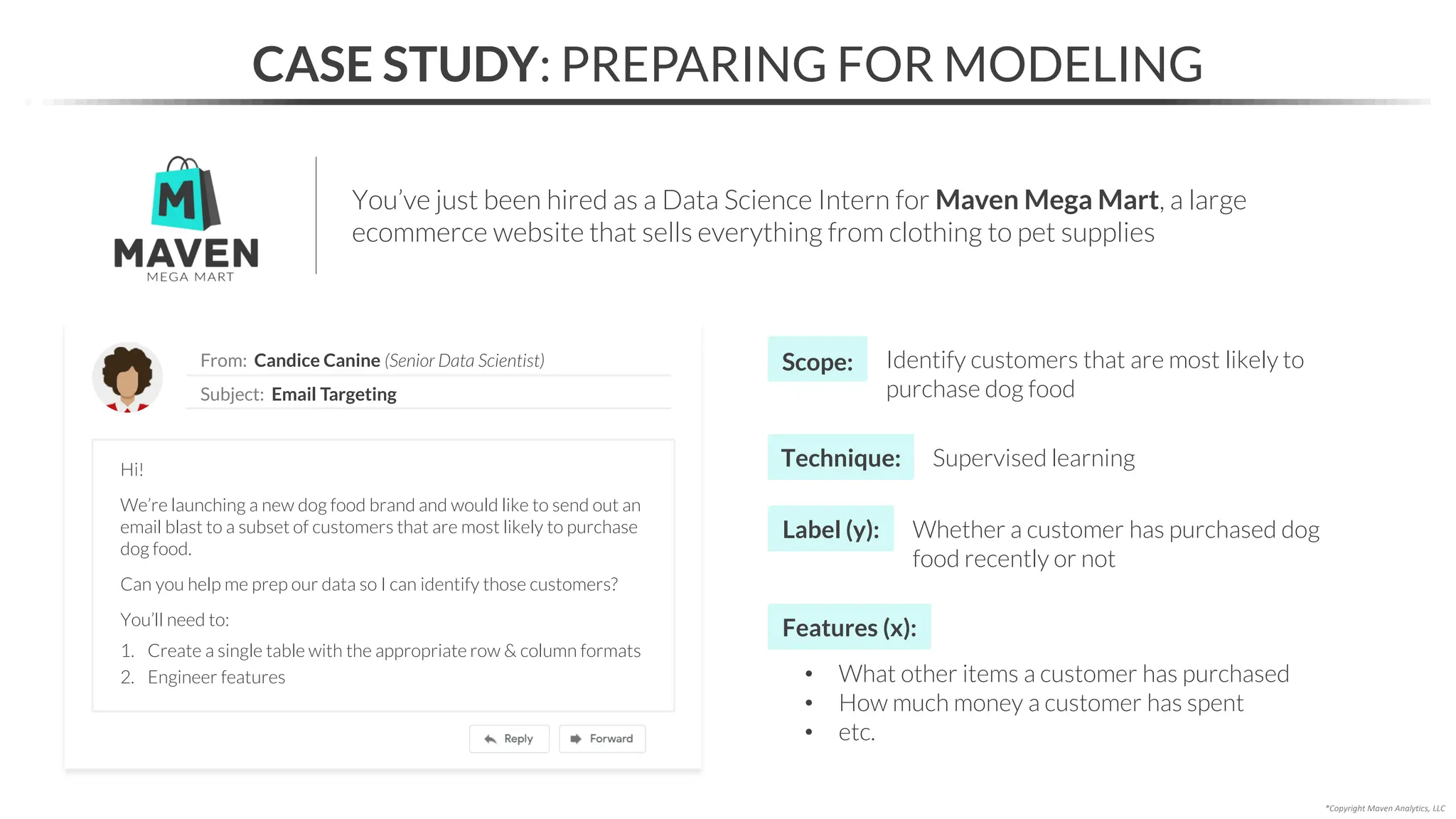 CASE STUDY: PREPARING FOR MODELING
You’ve just been hired as a Data Science Intern for Maven Mega Mart, a large
ecommerce website that sells everything from clothing to pet supplies
From: Candice Canine (Senior Data Scientist)
Subject: Email Targeting
Hi!
We’re launching a new dog food brand and would like to send out an
email blast to a subset of customers that are most likely to purchase
dog food.
Can you help me prep our data so I can identify those customers?
You’ll need to:
1. Create a single table with the appropriate row & column formats
2. Engineer features • What other items a customer has purchased
• How much money a customer has spent
• etc.
Features (x):
Scope: Identify customers that are most likely to
purchase dog food
Technique: Supervised learning
Label (y): Whether a customer has purchased dog
food recently or not
*Copyright Maven Analytics, LLC
 