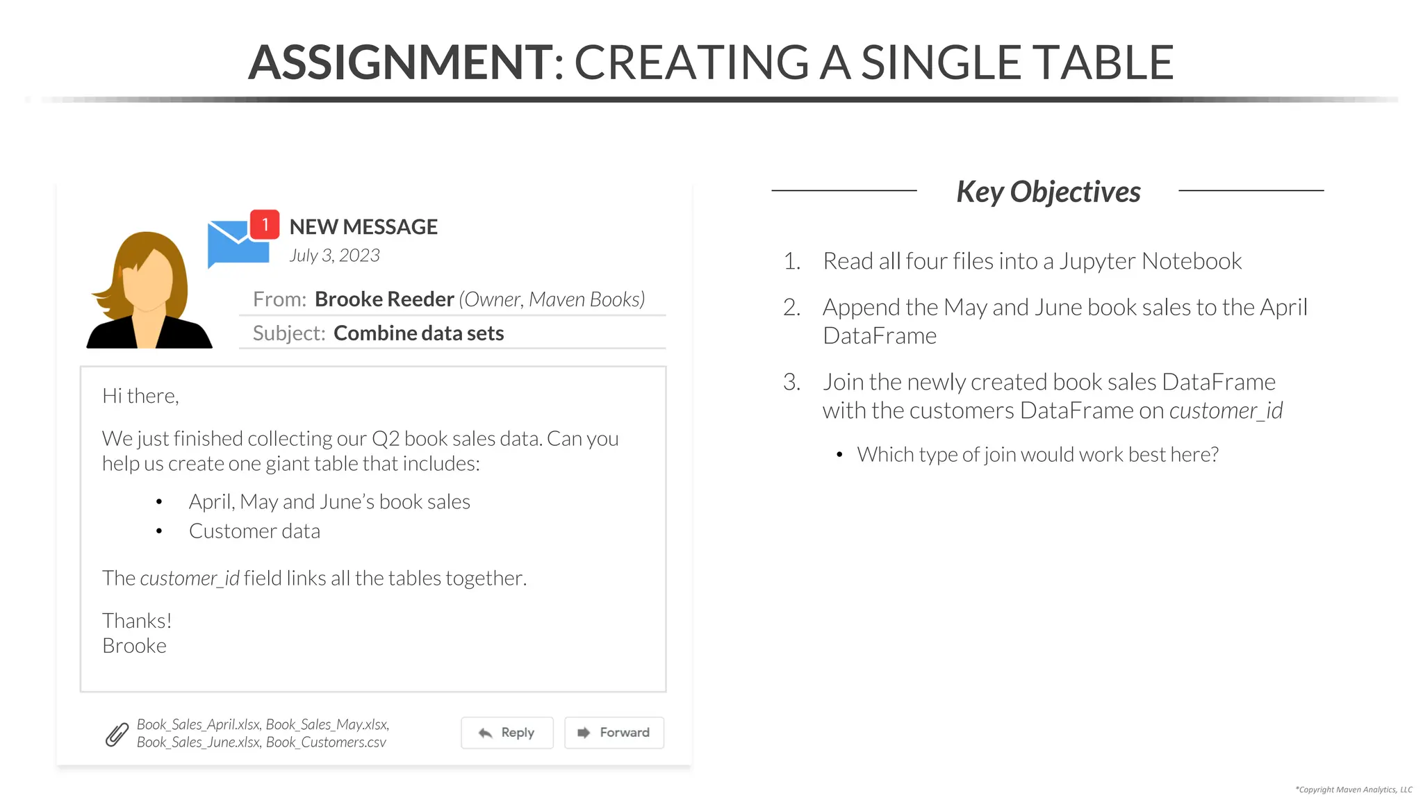 ASSIGNMENT: CREATING A SINGLE TABLE
Key Objectives
*Copyright Maven Analytics, LLC
1. Read all four files into a Jupyter Notebook
2. Append the May and June book sales to the April
DataFrame
3. Join the newly created book sales DataFrame
with the customers DataFrame on customer_id
• Which type of join would work best here?
NEW MESSAGE
From: Brooke Reeder (Owner, Maven Books)
Subject: Combine data sets
July 3, 2023
Hi there,
We just finished collecting our Q2 book sales data. Can you
help us create one giant table that includes:
• April, May and June’s book sales
• Customer data
The customer_id field links all the tables together.
Thanks!
Brooke
Book_Sales_April.xlsx, Book_Sales_May.xlsx,
Book_Sales_June.xlsx, Book_Customers.csv
 