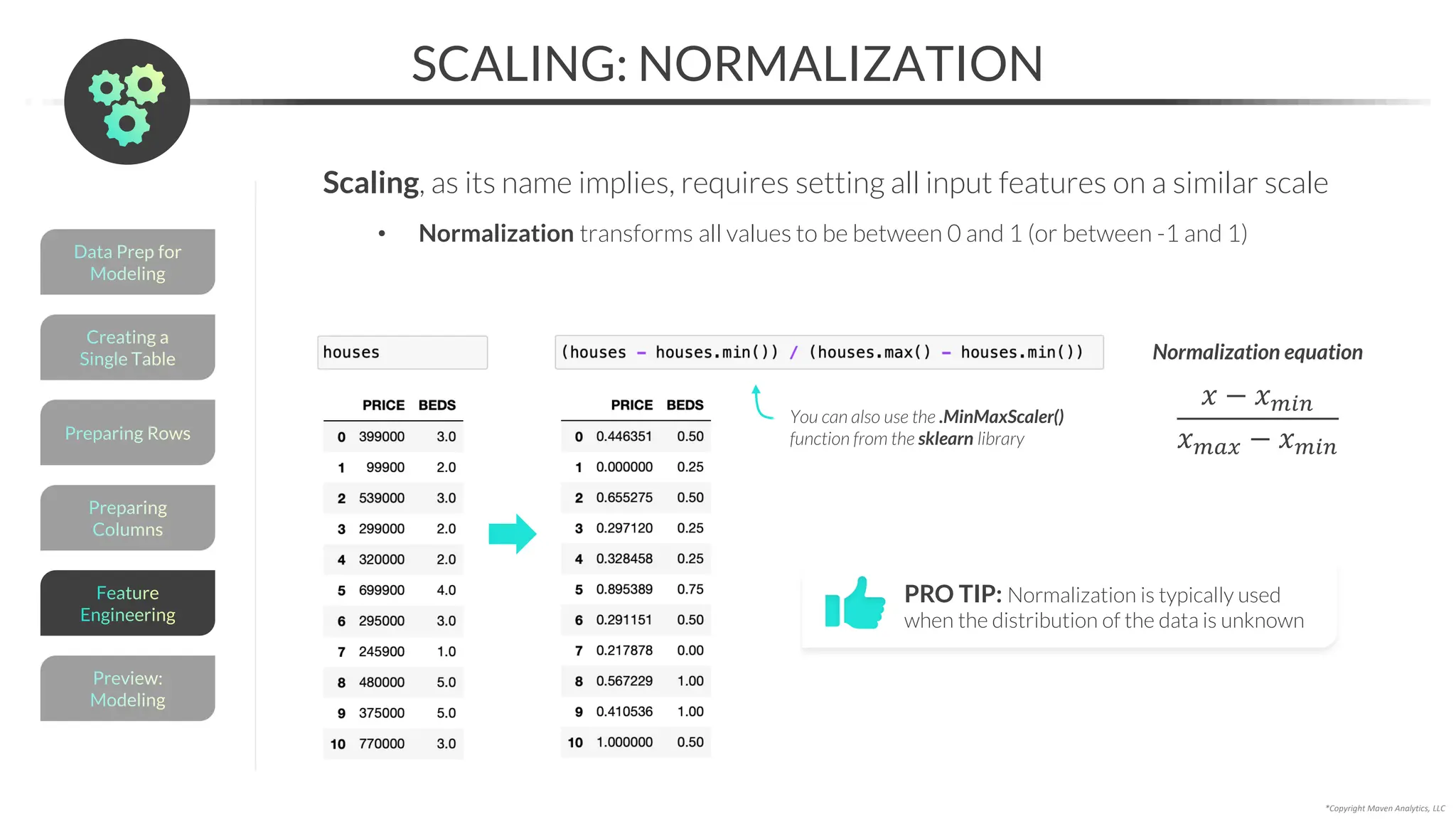 *Copyright Maven Analytics, LLC
SCALING: NORMALIZATION
Preparing
Columns
Preparing Rows
Creating a
Single Table
Data Prep for
Modeling
Preview:
Modeling
Feature
Engineering
Scaling, as its name implies, requires setting all input features on a similar scale
• Normalization transforms all values to be between 0 and 1 (or between -1 and 1)
𝑥 − 𝑥𝑚𝑖𝑛
𝑥𝑚𝑎𝑥 − 𝑥𝑚𝑖𝑛
Normalization equation
PRO TIP: Normalization is typically used
when the distribution of the data is unknown
You can also use the .MinMaxScaler()
function from the sklearn library
 