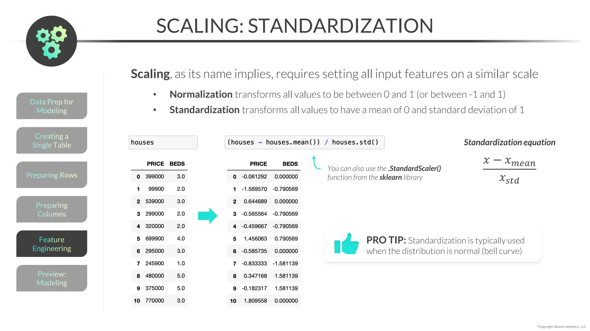 *Copyright Maven Analytics, LLC
SCALING: STANDARDIZATION
Scaling, as its name implies, requires setting all input features on a similar scale
• Normalization transforms all values to be between 0 and 1 (or between -1 and 1)
• Standardization transforms all values to have a mean of 0 and standard deviation of 1
𝑥 − 𝑥𝑚𝑒𝑎𝑛
𝑥𝑠𝑡𝑑
Standardization equation
Preparing
Columns
Preparing Rows
Creating a
Single Table
Data Prep for
Modeling
Preview:
Modeling
Feature
Engineering
PRO TIP: Standardization is typically used
when the distribution is normal (bell curve)
You can also use the .StandardScaler()
function from the sklearn library
 