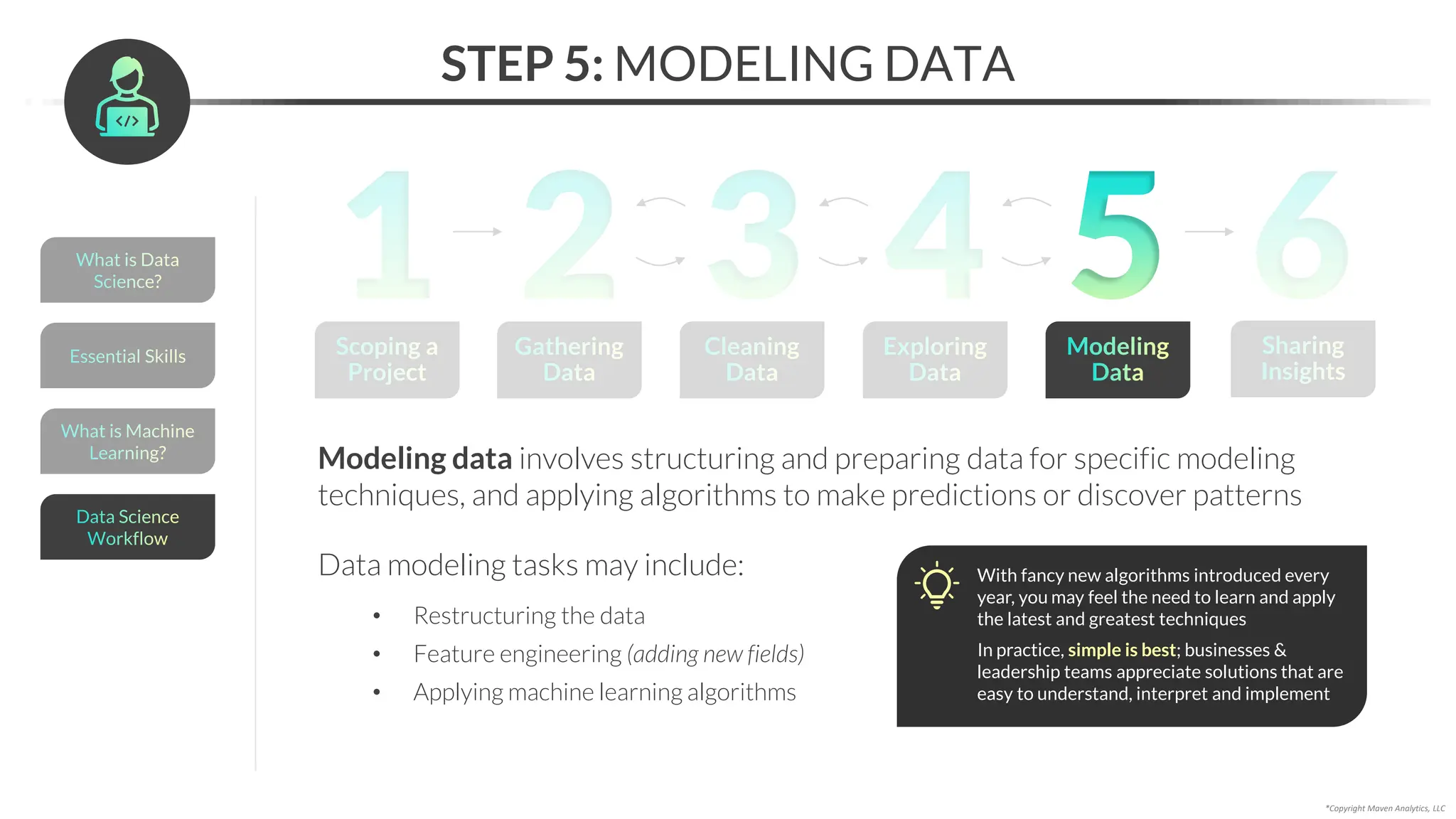 STEP 5: MODELING DATA
Modeling data involves structuring and preparing data for specific modeling
techniques, and applying algorithms to make predictions or discover patterns
With fancy new algorithms introduced every
year, you may feel the need to learn and apply
the latest and greatest techniques
In practice, simple is best; businesses &
leadership teams appreciate solutions that are
easy to understand, interpret and implement
*Copyright Maven Analytics, LLC
Gathering
Data
2
Scoping a
Project
1 Sharing
Insights
6
Cleaning
Data
3 Exploring
Data
4 Modeling
Data
5
Data modeling tasks may include:
• Restructuring the data
• Feature engineering (adding new fields)
• Applying machine learning algorithms
What is Data
Science?
Essential Skills
What is Machine
Learning?
Data Science
Workflow
 