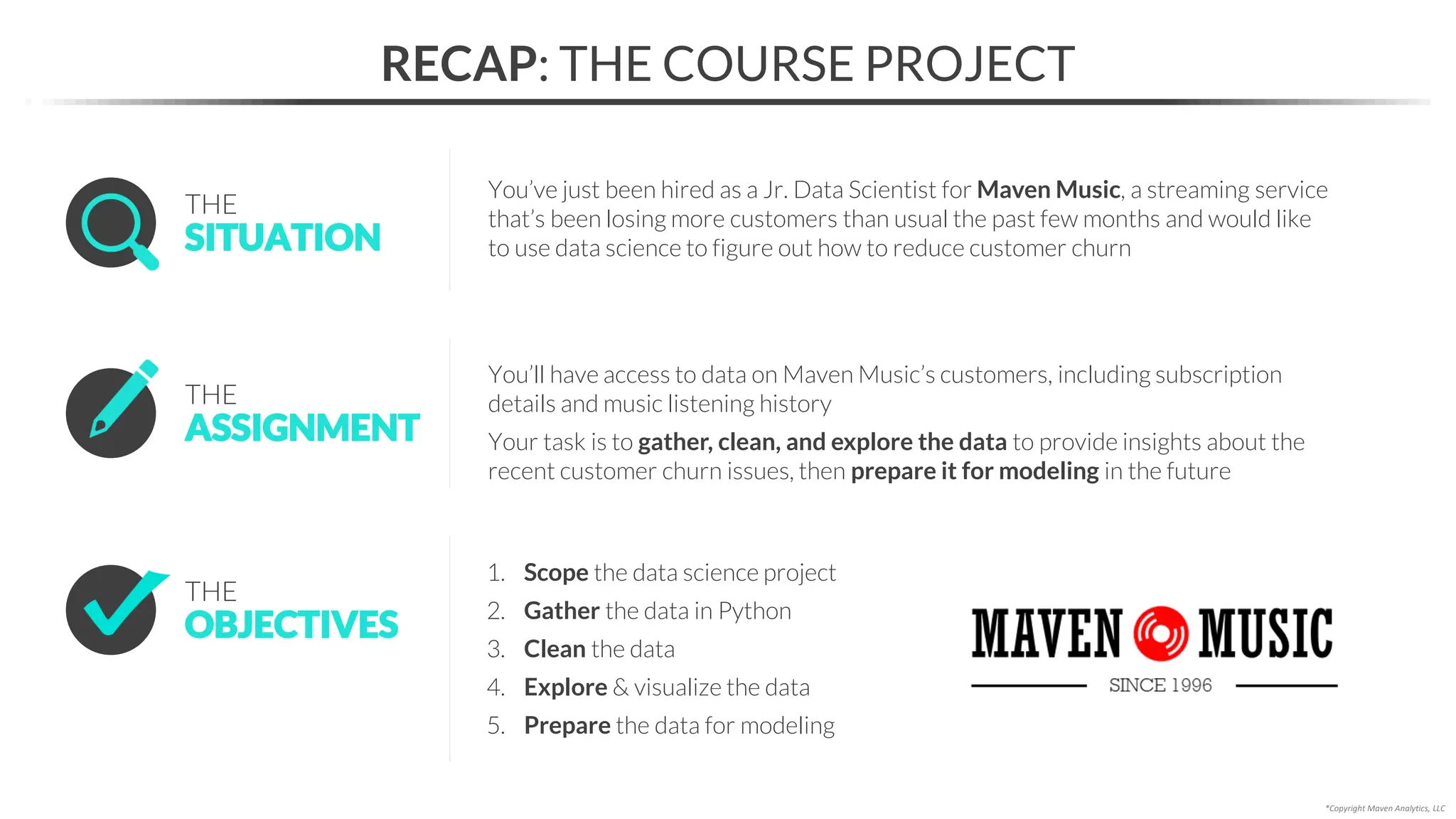RECAP: THE COURSE PROJECT
*Copyright Maven Analytics, LLC
1. Scope the data science project
2. Gather the data in Python
3. Clean the data
4. Explore & visualize the data
5. Prepare the data for modeling
OBJECTIVES
THE
SITUATION
THE
You’ve just been hired as a Jr. Data Scientist for Maven Music, a streaming service
that’s been losing more customers than usual the past few months and would like
to use data science to figure out how to reduce customer churn
ASSIGNMENT
THE
You’ll have access to data on Maven Music’s customers, including subscription
details and music listening history
Your task is to gather, clean, and explore the data to provide insights about the
recent customer churn issues, then prepare it for modeling in the future
 