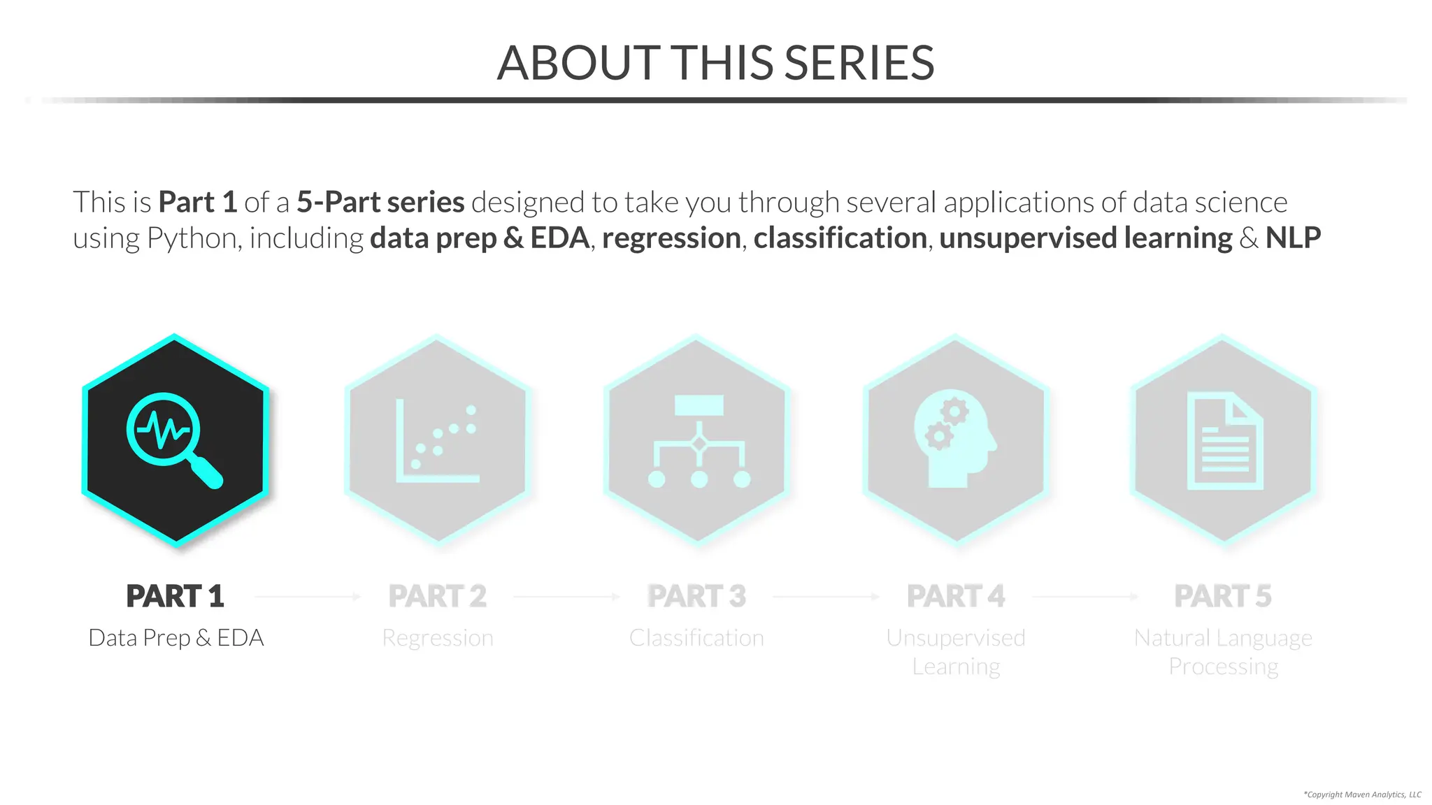 ABOUT THIS SERIES
This is Part 1 of a 5-Part series designed to take you through several applications of data science
using Python, including data prep & EDA, regression, classification, unsupervised learning & NLP
Classification
PART 3
Unsupervised
Learning
PART 4
Regression
PART 2
Natural Language
Processing
PART 5
Data Prep & EDA
PART 1
*Copyright Maven Analytics, LLC
 