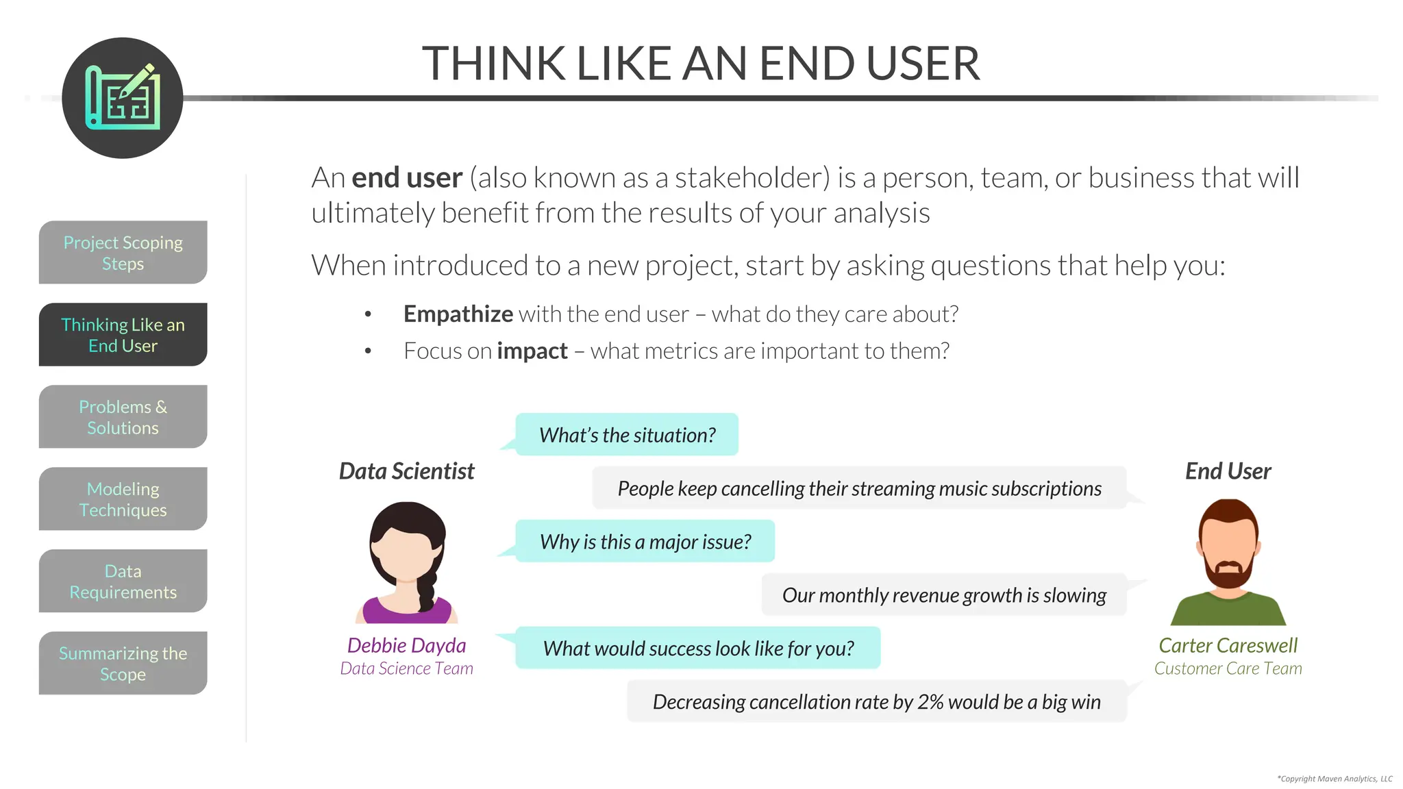 Project Scoping
Steps
THINK LIKE AN END USER
An end user (also known as a stakeholder) is a person, team, or business that will
ultimately benefit from the results of your analysis
When introduced to a new project, start by asking questions that help you:
• Empathize with the end user – what do they care about?
• Focus on impact – what metrics are important to them?
*Copyright Maven Analytics, LLC
Carter Careswell
Customer Care Team
End User
Debbie Dayda
Data Science Team
Data Scientist
What’s the situation?
People keep cancelling their streaming music subscriptions
Why is this a major issue?
Our monthly revenue growth is slowing
What would success look like for you?
Decreasing cancellation rate by 2% would be a big win
Summarizing the
Scope
Data
Requirements
Modeling
Techniques
Problems &
Solutions
Thinking Like an
End User
 