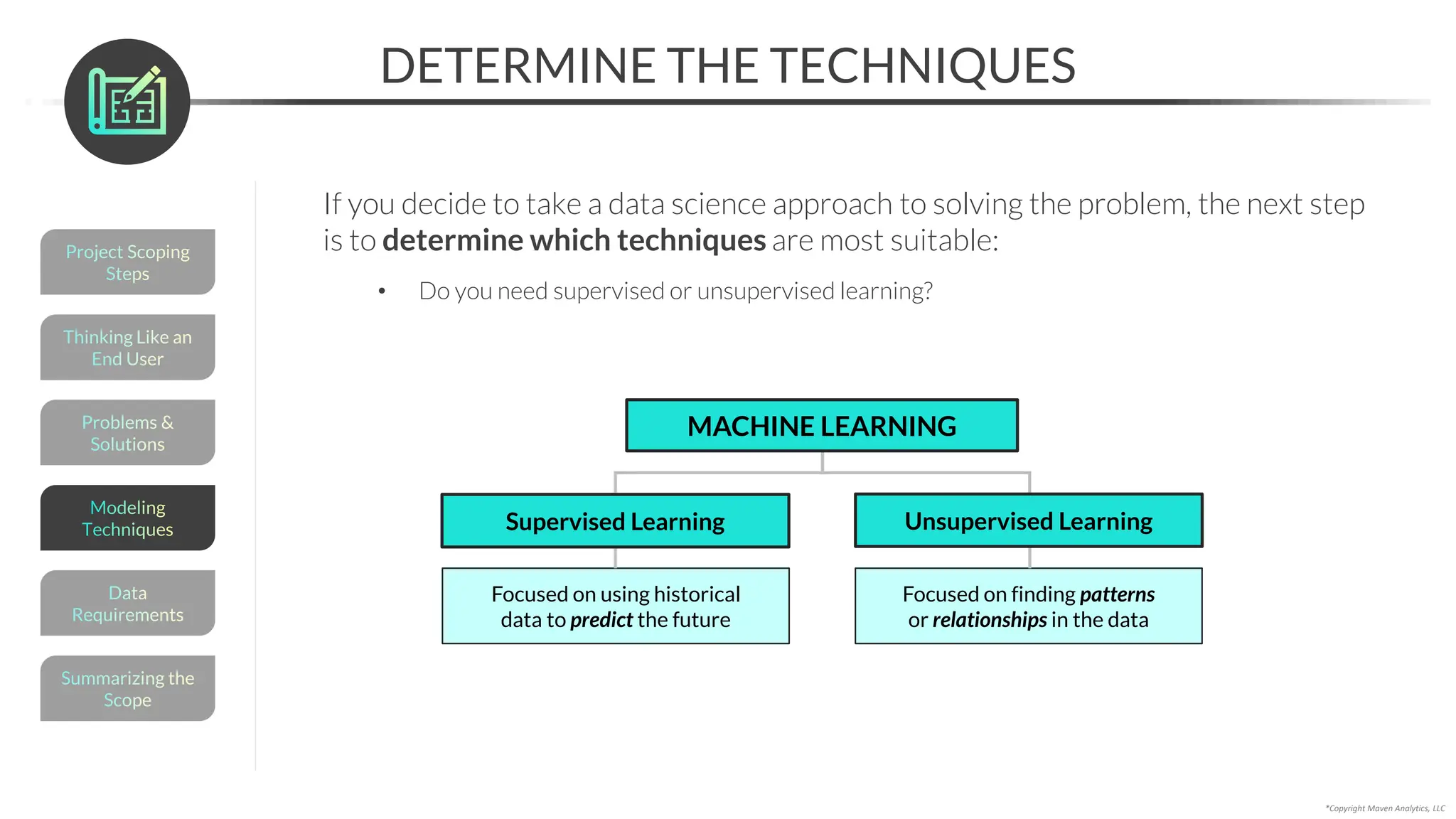 Focused on using historical
data to predict the future
Focused on finding patterns
or relationships in the data
Problems &
Solutions
DETERMINE THE TECHNIQUES
If you decide to take a data science approach to solving the problem, the next step
is to determine which techniques are most suitable:
• Do you need supervised or unsupervised learning?
*Copyright Maven Analytics, LLC
MACHINE LEARNING
Unsupervised Learning
Supervised Learning
Thinking Like an
End User
Project Scoping
Steps
Summarizing the
Scope
Data
Requirements
Modeling
Techniques
 