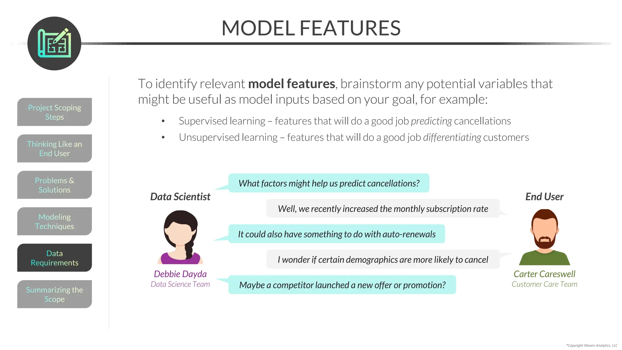 MODEL FEATURES
*Copyright Maven Analytics, LLC
To identify relevant model features, brainstorm any potential variables that
might be useful as model inputs based on your goal, for example:
• Supervised learning – features that will do a good job predicting cancellations
• Unsupervised learning – features that will do a good job differentiating customers
Carter Careswell
Customer Care Team
End User
Debbie Dayda
Data Science Team
Data Scientist
What factors might help us predict cancellations?
Well, we recently increased the monthly subscription rate
It could also have something to do with auto-renewals
I wonder if certain demographics are more likely to cancel
Maybe a competitor launched a new offer or promotion?
Modeling
Techniques
Problems &
Solutions
Thinking Like an
End User
Project Scoping
Steps
Summarizing the
Scope
Data
Requirements
 