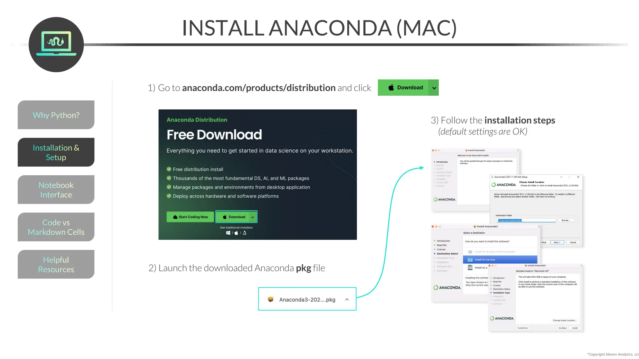 *Copyright Maven Analytics, LLC
INSTALL ANACONDA (MAC)
1) Go to anaconda.com/products/distribution and click
2) Launch the downloaded Anaconda pkg file
3) Follow the installation steps
(default settings are OK)
Helpful
Resources
Installation &
Setup
Code vs
Markdown Cells
Why Python?
Notebook
Interface
 