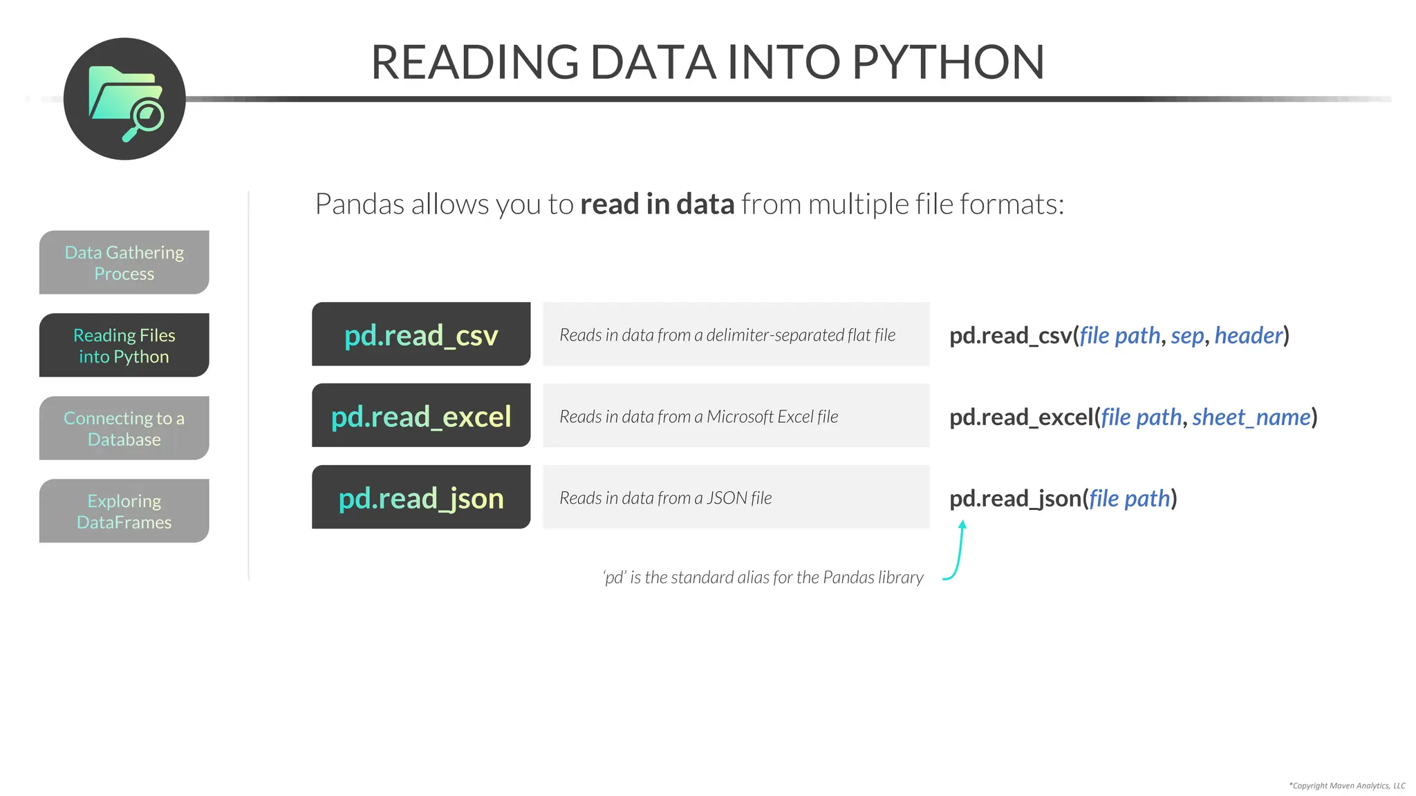 *Copyright Maven Analytics, LLC
READING DATA INTO PYTHON
Pandas allows you to read in data from multiple file formats:
pd.read_csv Reads in data from a delimiter-separated flat file pd.read_csv(file path, sep, header)
pd.read_excel Reads in data from a Microsoft Excel file pd.read_excel(file path, sheet_name)
pd.read_json Reads in data from a JSON file pd.read_json(file path)
‘pd’ is the standard alias for the Pandas library
Data Gathering
Process
Connecting to a
Database
Exploring
DataFrames
Reading Files
into Python
 
