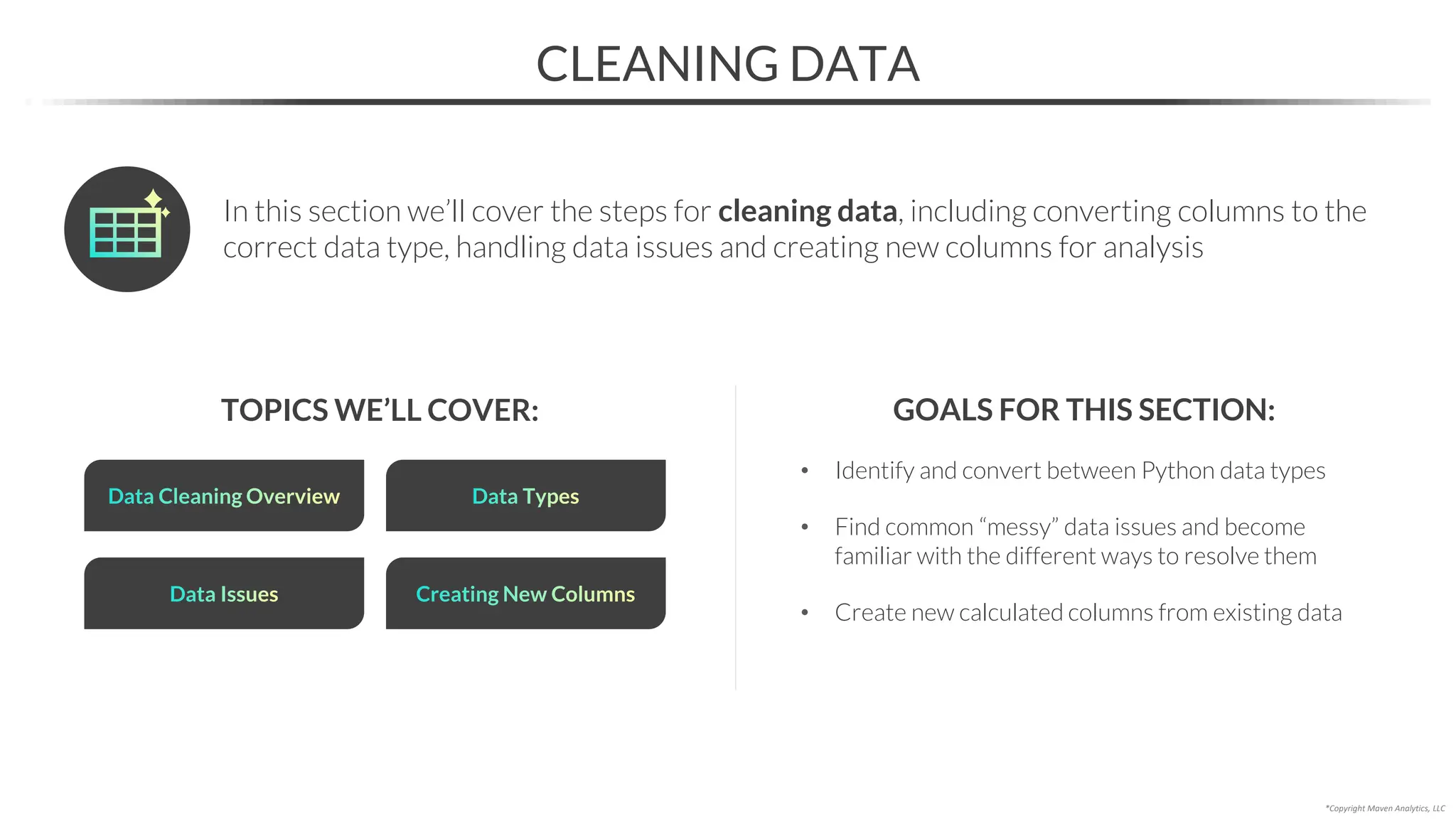 • Identify and convert between Python data types
• Find common “messy” data issues and become
familiar with the different ways to resolve them
• Create new calculated columns from existing data
CLEANING DATA
Data Issues
TOPICS WE’LL COVER: GOALS FOR THIS SECTION:
In this section we’ll cover the steps for cleaning data, including converting columns to the
correct data type, handling data issues and creating new columns for analysis
*Copyright Maven Analytics, LLC
Data Cleaning Overview Data Types
Creating New Columns
 