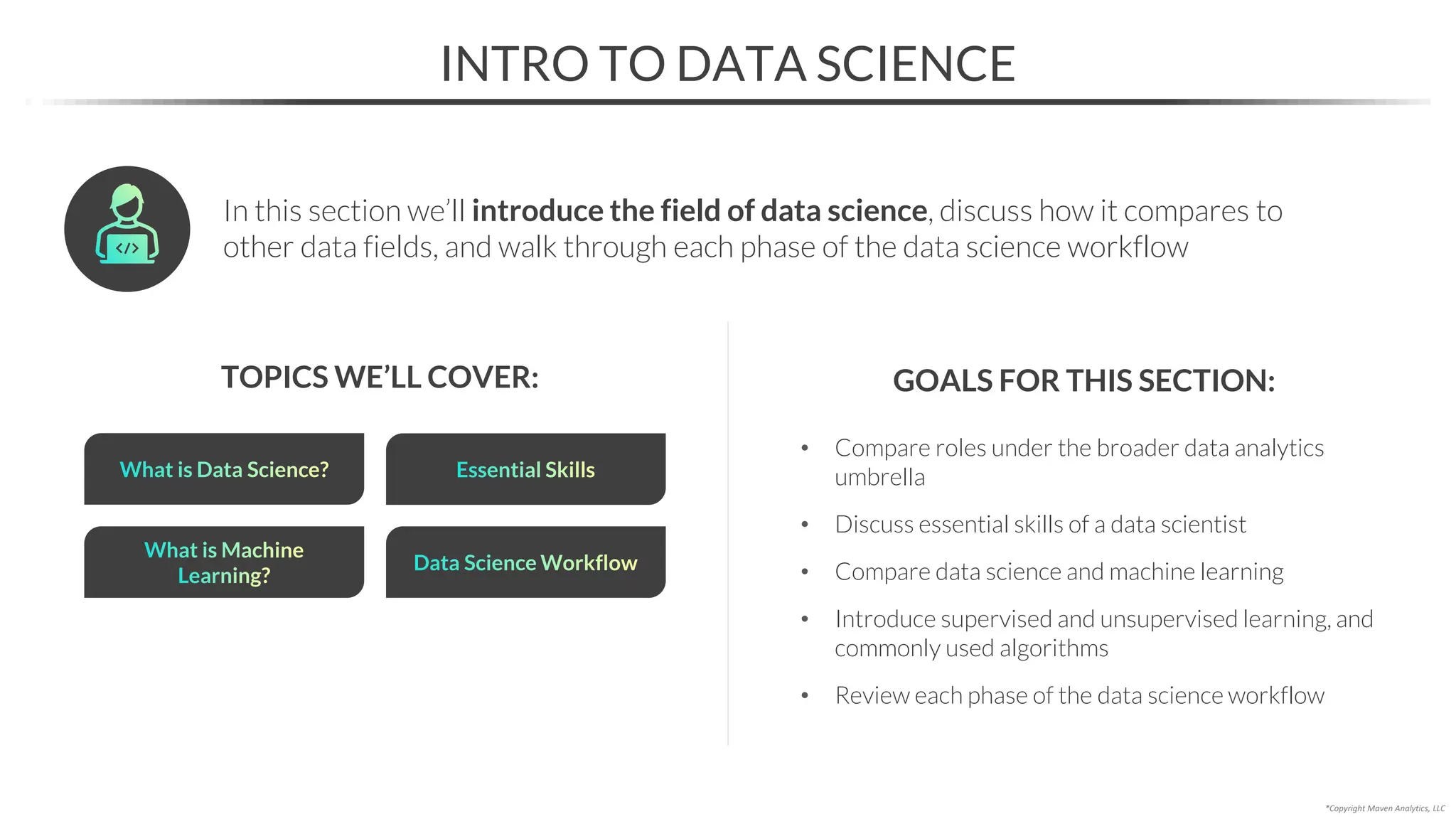 What is Machine
Learning?
What is Data Science? Essential Skills
• Compare roles under the broader data analytics
umbrella
• Discuss essential skills of a data scientist
• Compare data science and machine learning
• Introduce supervised and unsupervised learning, and
commonly used algorithms
• Review each phase of the data science workflow
INTRO TO DATA SCIENCE
TOPICS WE’LL COVER: GOALS FOR THIS SECTION:
In this section we’ll introduce the field of data science, discuss how it compares to
other data fields, and walk through each phase of the data science workflow
*Copyright Maven Analytics, LLC
Data Science Workflow
 