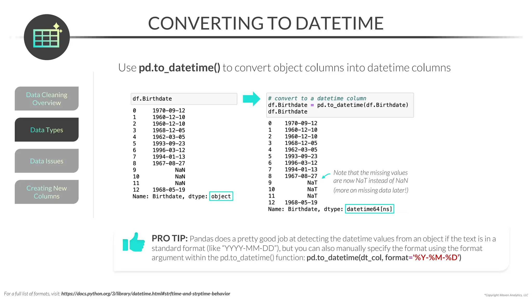Data Cleaning
Overview
*Copyright Maven Analytics, LLC
CONVERTING TO DATETIME
Data Issues
Creating New
Columns
Data Types
Use pd.to_datetime() to convert object columns into datetime columns
PRO TIP: Pandas does a pretty good job at detecting the datetime values from an object if the text is in a
standard format (like “YYYY-MM-DD”), but you can also manually specify the format using the format
argument within the pd.to_datetime() function: pd.to_datetime(dt_col, format='%Y-%M-%D’)
For a full list of formats, visit: https://docs.python.org/3/library/datetime.html#strftime-and-strptime-behavior
Note that the missing values
are now NaT instead of NaN
(more on missing data later!)
 