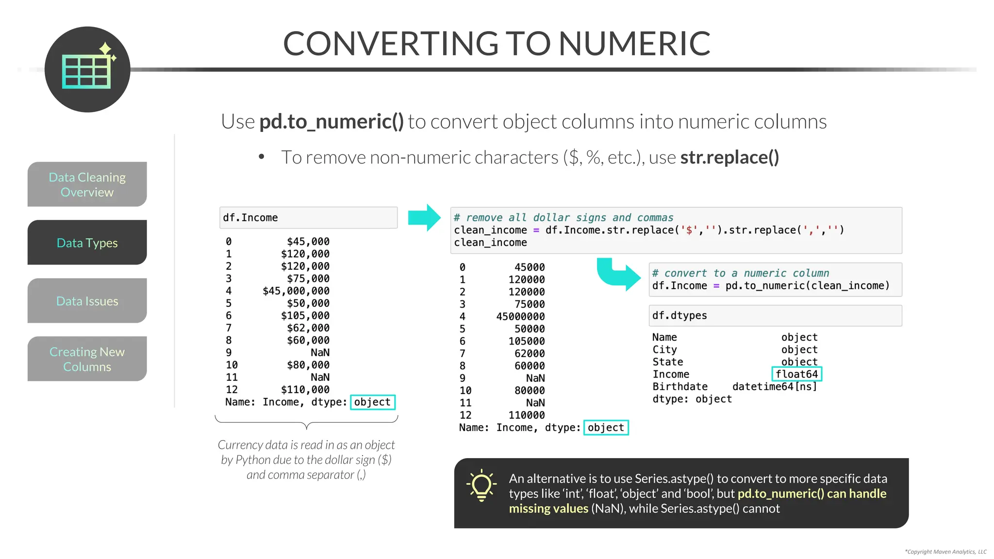 Use pd.to_numeric() to convert object columns into numeric columns
• To remove non-numeric characters ($, %, etc.), use str.replace()
CONVERTING TO NUMERIC
*Copyright Maven Analytics, LLC
Data Cleaning
Overview
Data Issues
Creating New
Columns
Data Types
Currency data is read in as an object
by Python due to the dollar sign ($)
and comma separator (,) An alternative is to use Series.astype() to convert to more specific data
types like ‘int’, ‘float’, ‘object’ and ‘bool’, but pd.to_numeric() can handle
missing values (NaN), while Series.astype() cannot
 