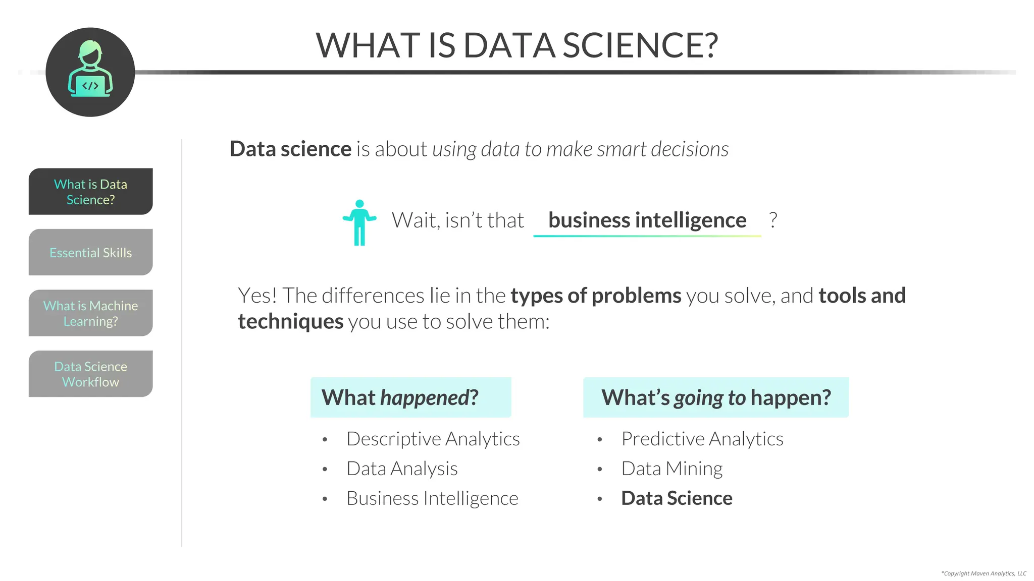 Essential Skills
data analysis
predictive analytics
business intelligence
WHAT IS DATA SCIENCE?
*Copyright Maven Analytics, LLC
What happened? What’s going to happen?
• Descriptive Analytics
• Data Analysis
• Business Intelligence
• Predictive Analytics
• Data Mining
• Data Science
Wait, isn’t that ?
Yes! The differences lie in the types of problems you solve, and tools and
techniques you use to solve them:
Data science is about using data to make smart decisions
What is Machine
Learning?
Data Science
Workflow
What is Data
Science?
 