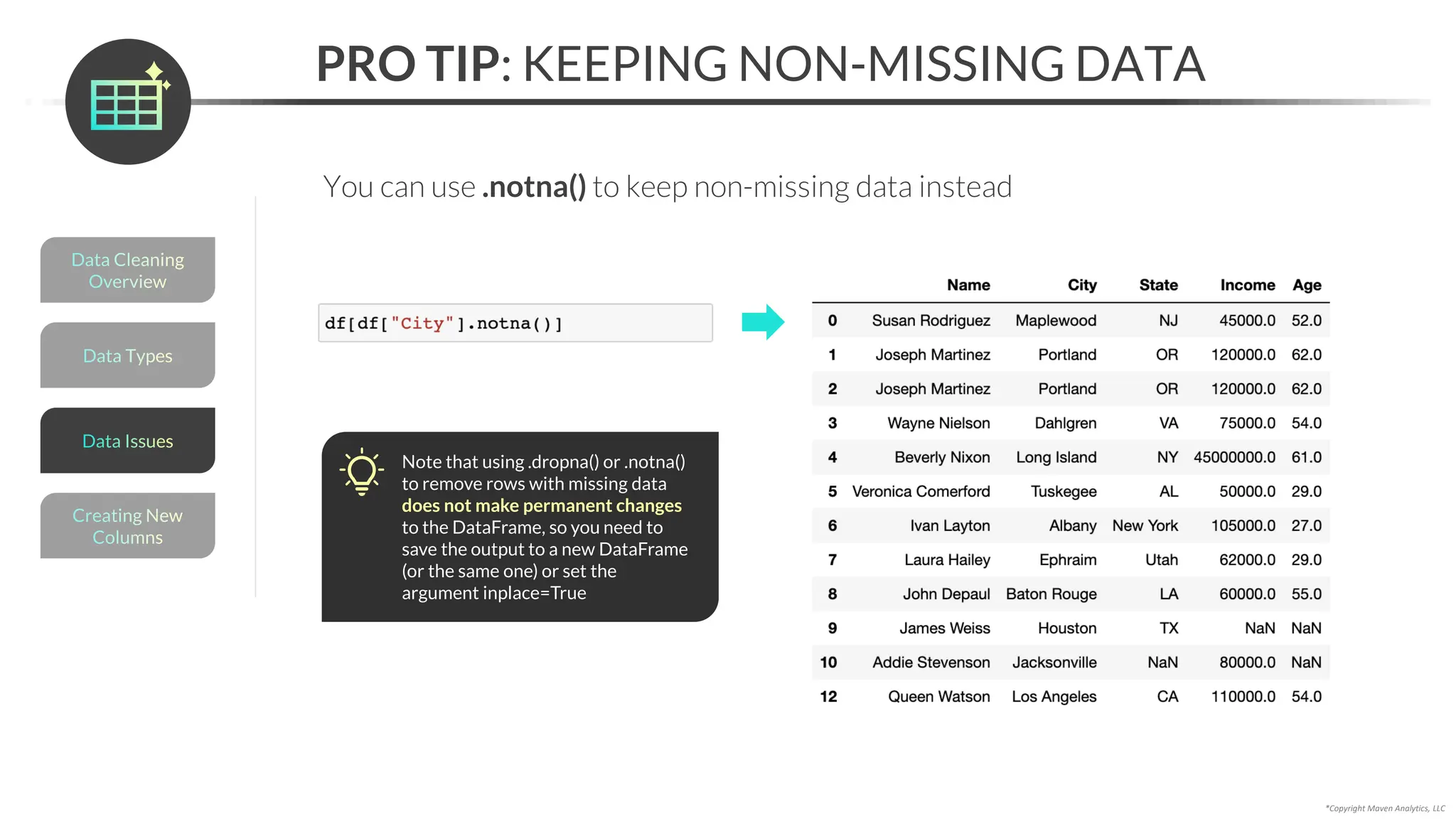 *Copyright Maven Analytics, LLC
PRO TIP: KEEPING NON-MISSING DATA
You can use .notna() to keep non-missing data instead
Note that using .dropna() or .notna()
to remove rows with missing data
does not make permanent changes
to the DataFrame, so you need to
save the output to a new DataFrame
(or the same one) or set the
argument inplace=True
Data Types
Data Cleaning
Overview
Creating New
Columns
Data Issues
 