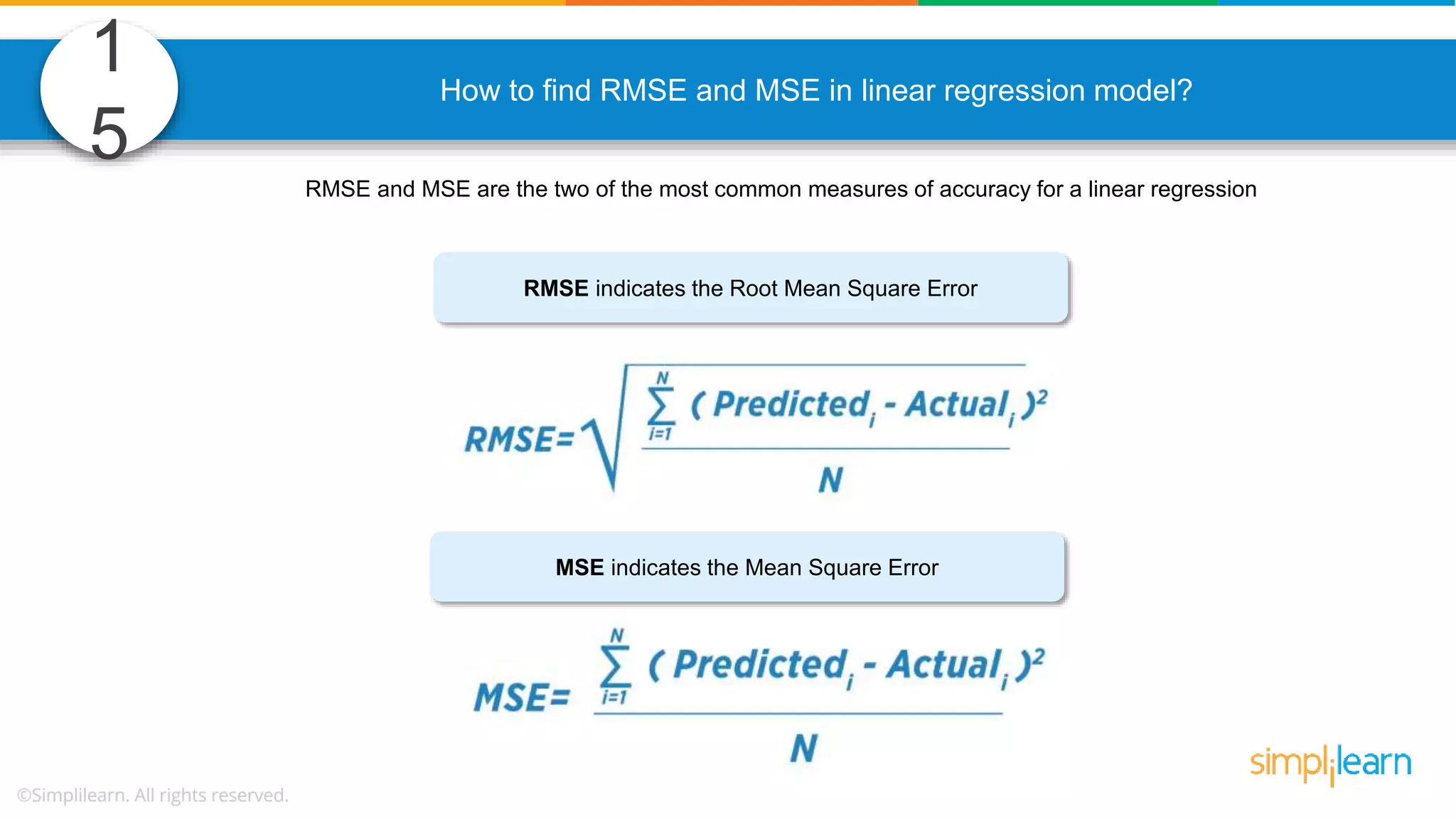1 5 How to find RMSE and MSE in linear regression model? RMSE and MSE are the two of the most common measures of accuracy for a linear regression RMSE indicates the Root Mean Square Error MSE indicates the Mean Square Error 