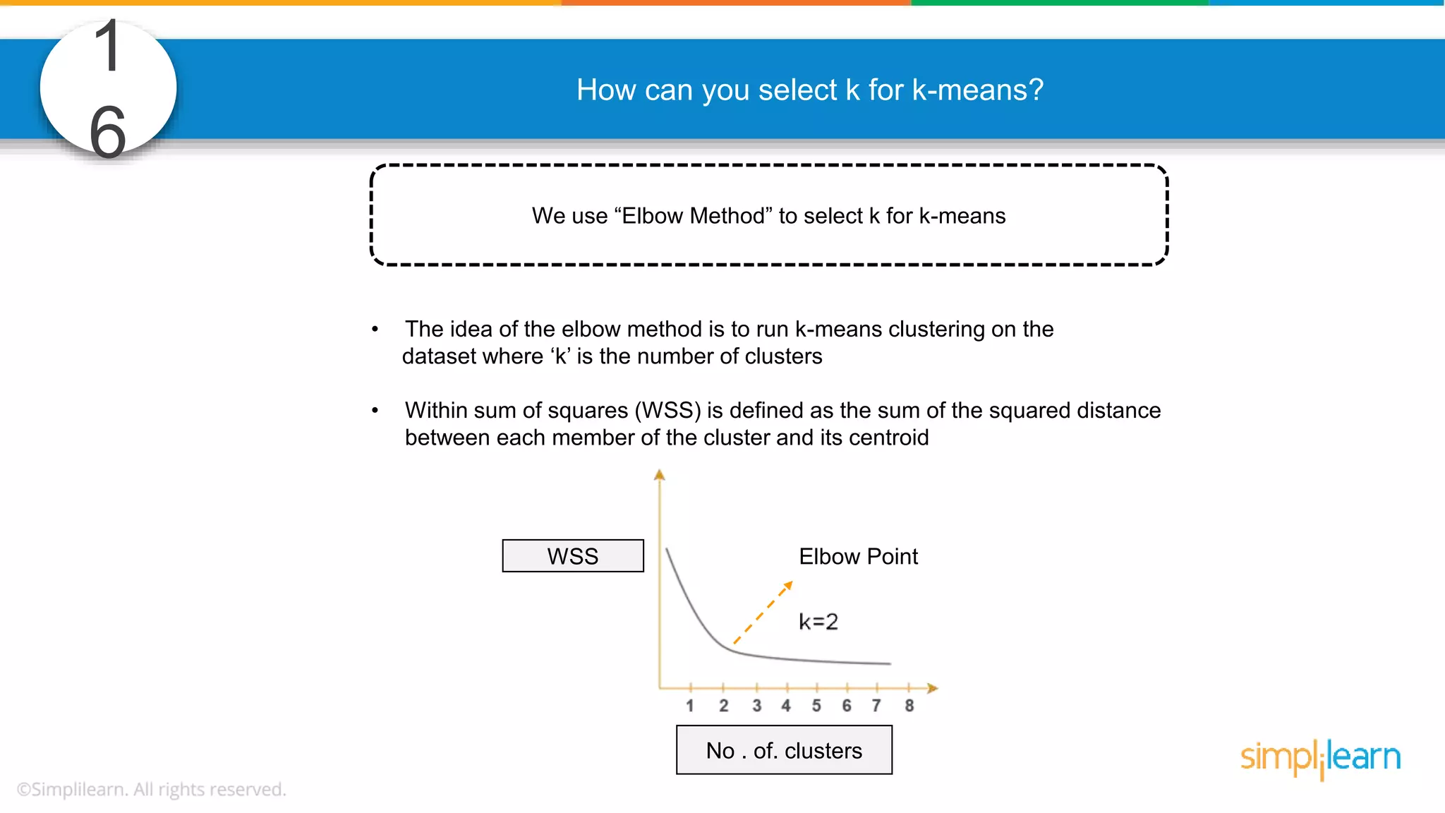 1 6 How can you select k for k-means? We use “Elbow Method” to select k for k-means • The idea of the elbow method is to run k-means clustering on the dataset where ‘k’ is the number of clusters • Within sum of squares (WSS) is defined as the sum of the squared distance between each member of the cluster and its centroid WSS No . of. clusters Elbow Point 