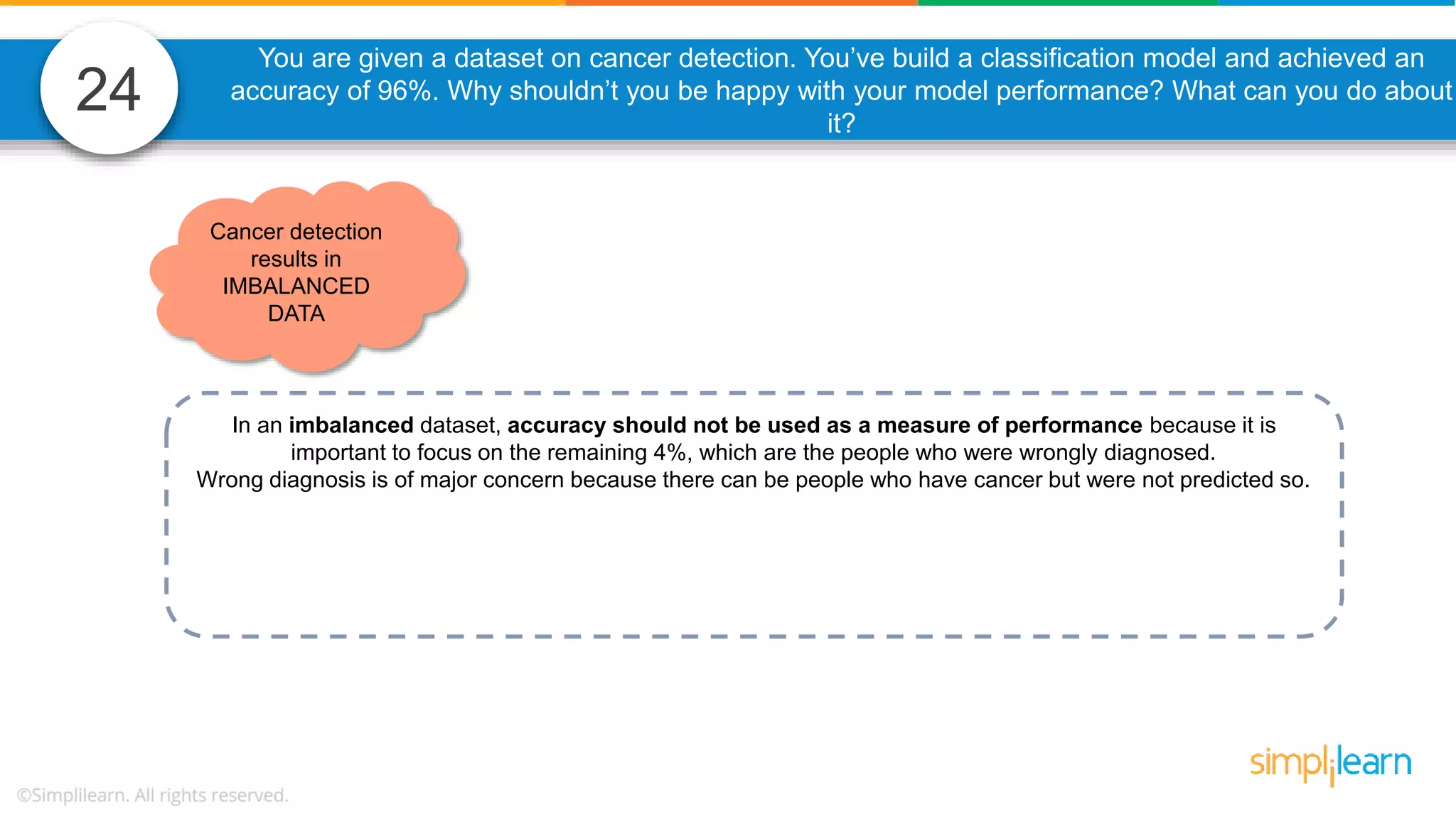 24 Cancer detection results in IMBALANCED DATA You are given a dataset on cancer detection. You’ve build a classification model and achieved an accuracy of 96%. Why shouldn’t you be happy with your model performance? What can you do about it? In an imbalanced dataset, accuracy should not be used as a measure of performance because it is important to focus on the remaining 4%, which are the people who were wrongly diagnosed. Wrong diagnosis is of major concern because there can be people who have cancer but were not predicted so. 