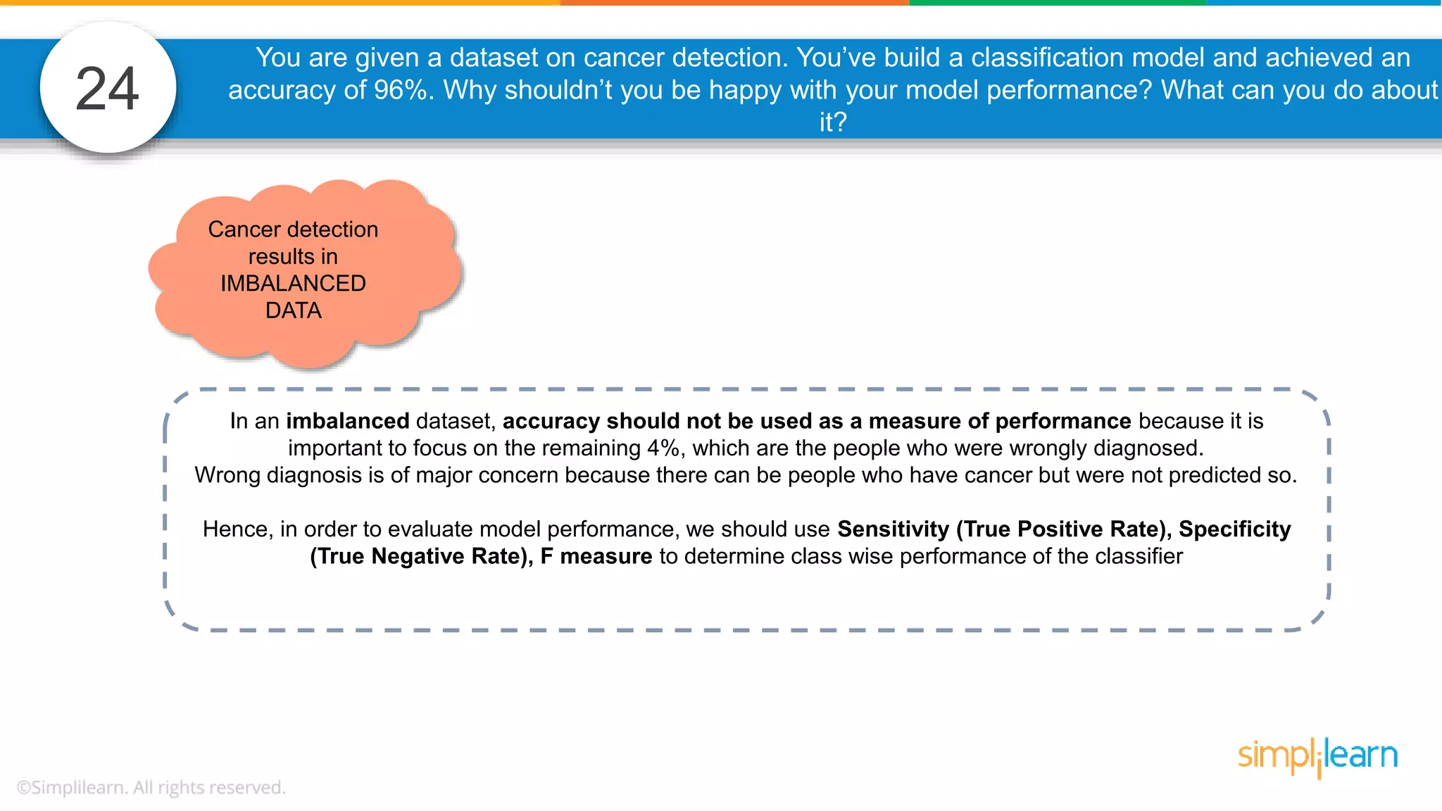 24 Cancer detection results in IMBALANCED DATA In an imbalanced dataset, accuracy should not be used as a measure of performance because it is important to focus on the remaining 4%, which are the people who were wrongly diagnosed. Wrong diagnosis is of major concern because there can be people who have cancer but were not predicted so. Hence, in order to evaluate model performance, we should use Sensitivity (True Positive Rate), Specificity (True Negative Rate), F measure to determine class wise performance of the classifier You are given a dataset on cancer detection. You’ve build a classification model and achieved an accuracy of 96%. Why shouldn’t you be happy with your model performance? What can you do about it? 