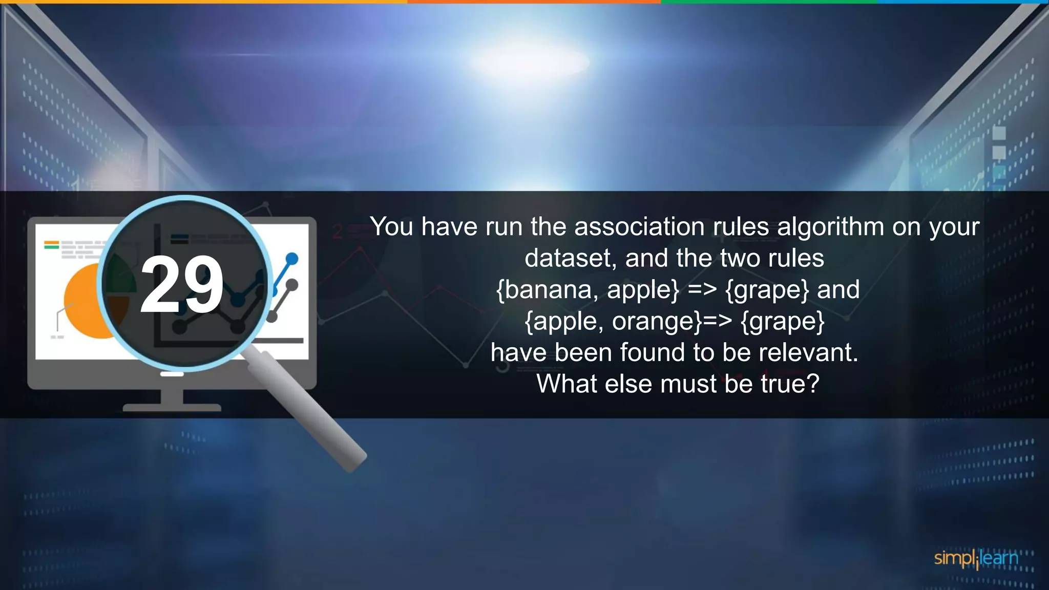 What are the datatypes supported in Tableau?1 You have run the association rules algorithm on your dataset, and the two rules {banana, apple} => {grape} and {apple, orange}=> {grape} have been found to be relevant. What else must be true? 29 