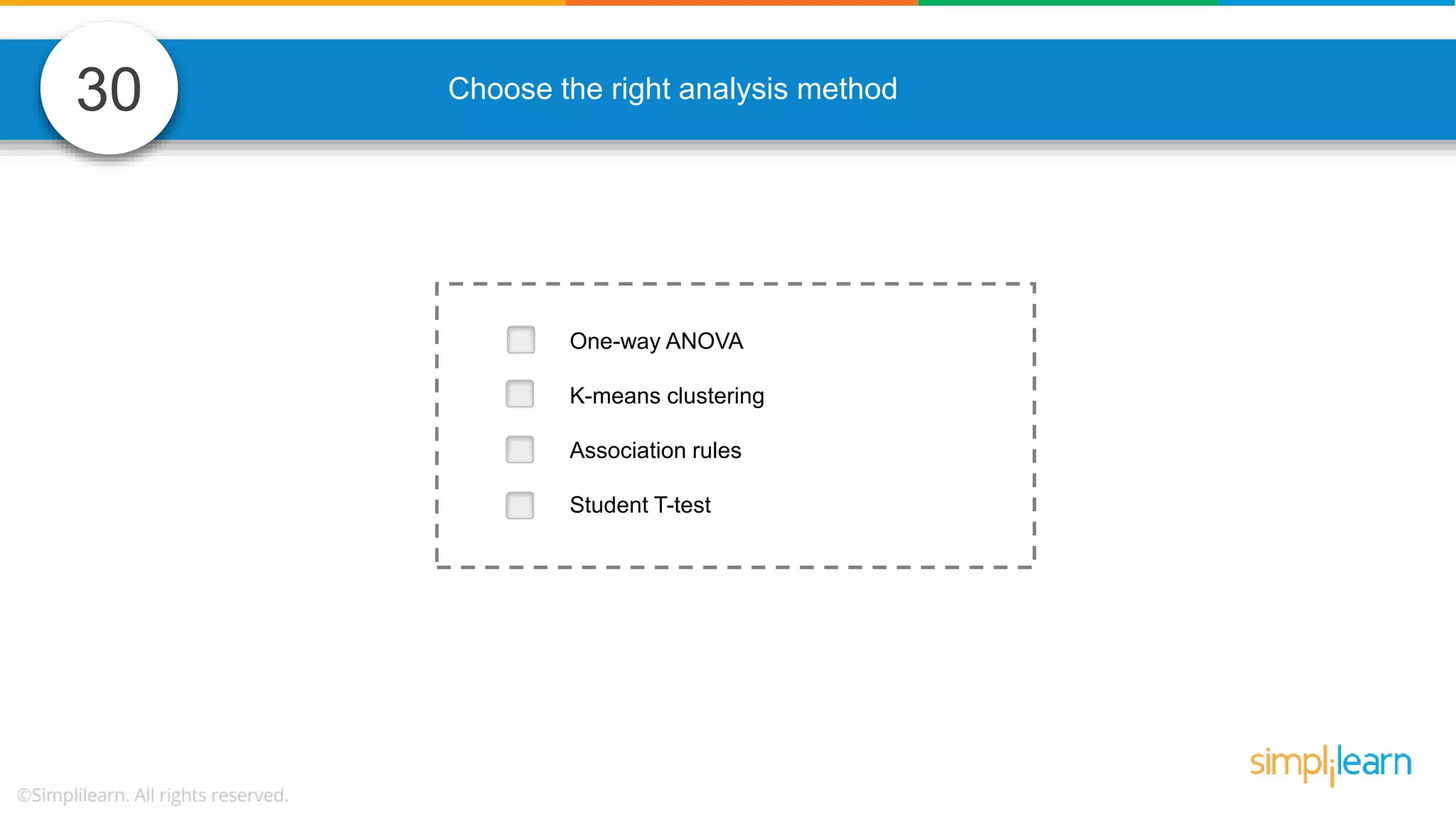 30 Choose the right analysis method One-way ANOVA K-means clustering Association rules Student T-test 