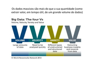 Os dados massivos são mais do que a sua quantidade (como
extrair valor, em tempo útil, de um grande volume de dados)
 