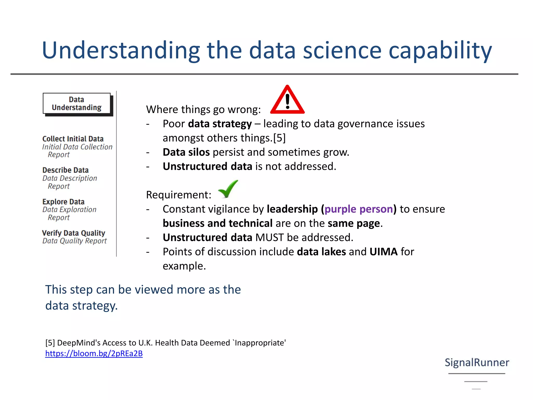 Understanding the data science capability
Where things go wrong:
- Poor data strategy – leading to data governance issues
amongst others things.[5]
- Data silos persist and sometimes grow.
- Unstructured data is not addressed.
Requirement:
- Constant vigilance by leadership (purple person) to ensure
business and technical are on the same page.
- Unstructured data MUST be addressed.
- Points of discussion include data lakes and UIMA for
example.
This step can be viewed more as the
data strategy.
[5] DeepMind's Access to U.K. Health Data Deemed `Inappropriate'
https://bloom.bg/2pREa2B
 